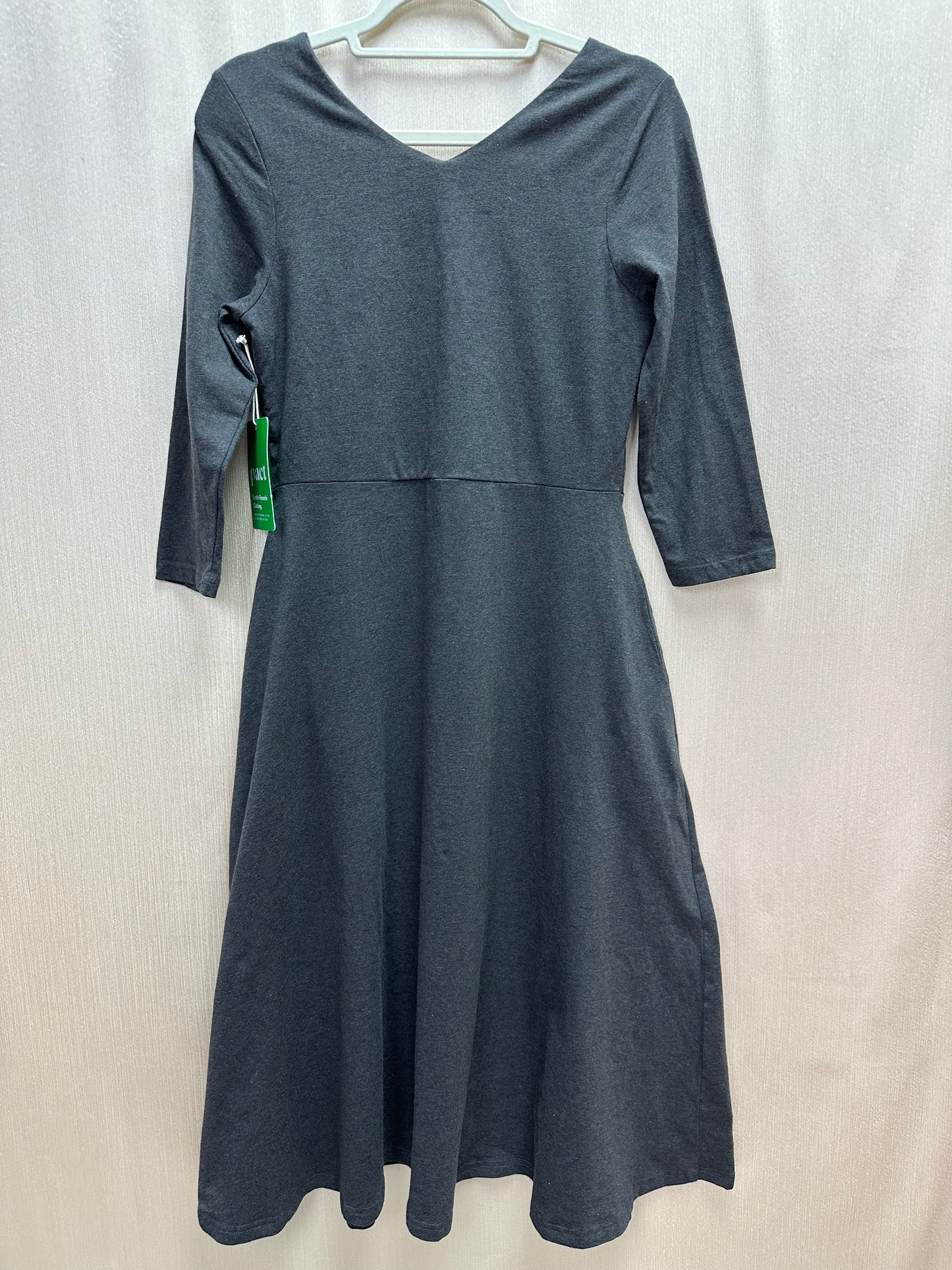 NWT - PACT charcoal gray Organic 3/4 Sleeve Fit & Flare V-neck Midi Dress - L