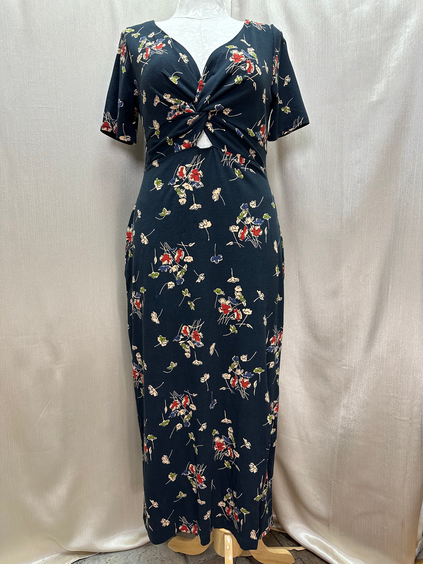 NWT - PACT navy Floral Organic Short Sleeve Luxe Jersey Knit Knot Maxi Dress - XL