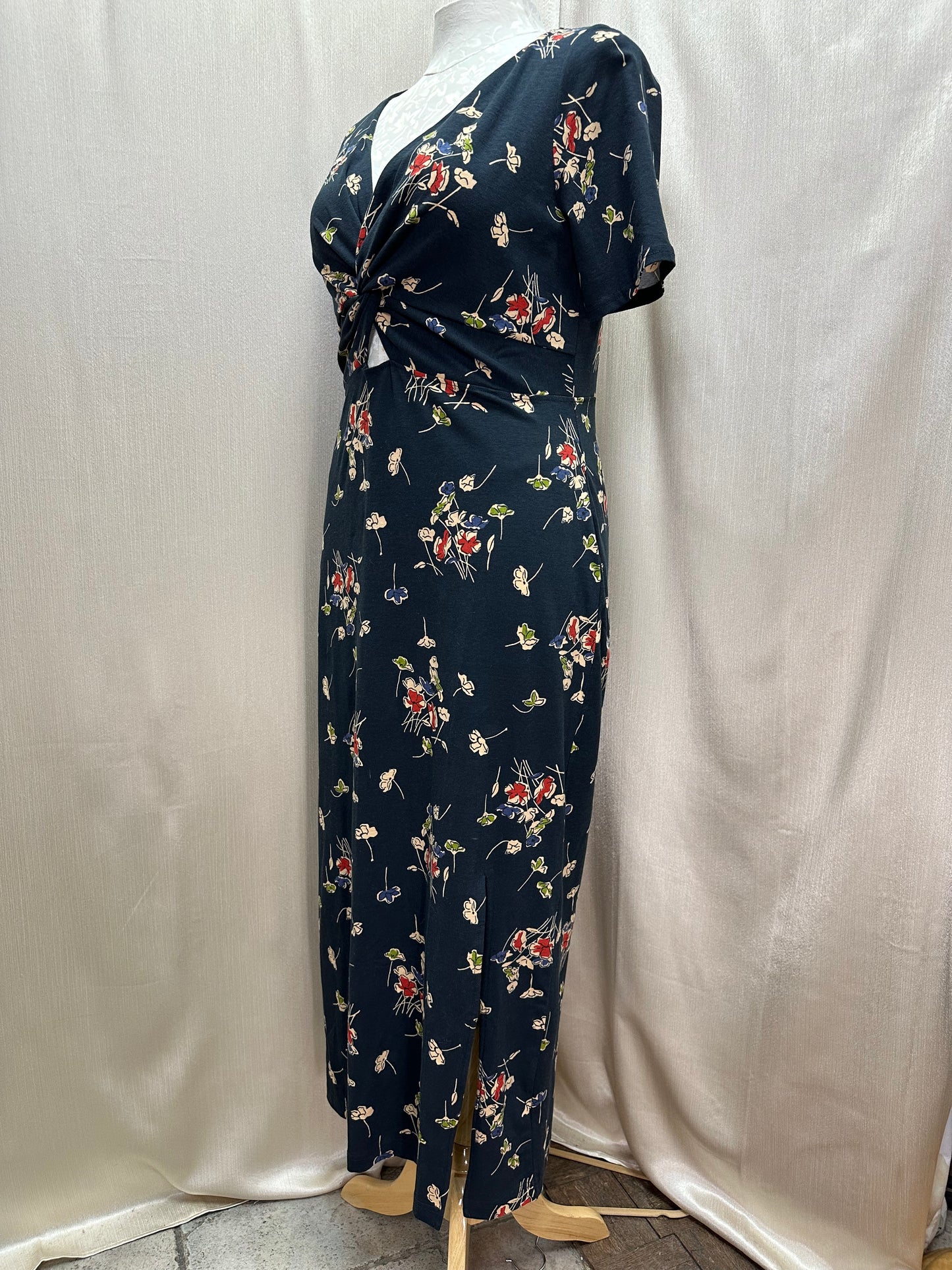 NWT - PACT navy Floral Organic Short Sleeve Luxe Jersey Knit Knot Maxi Dress - XL