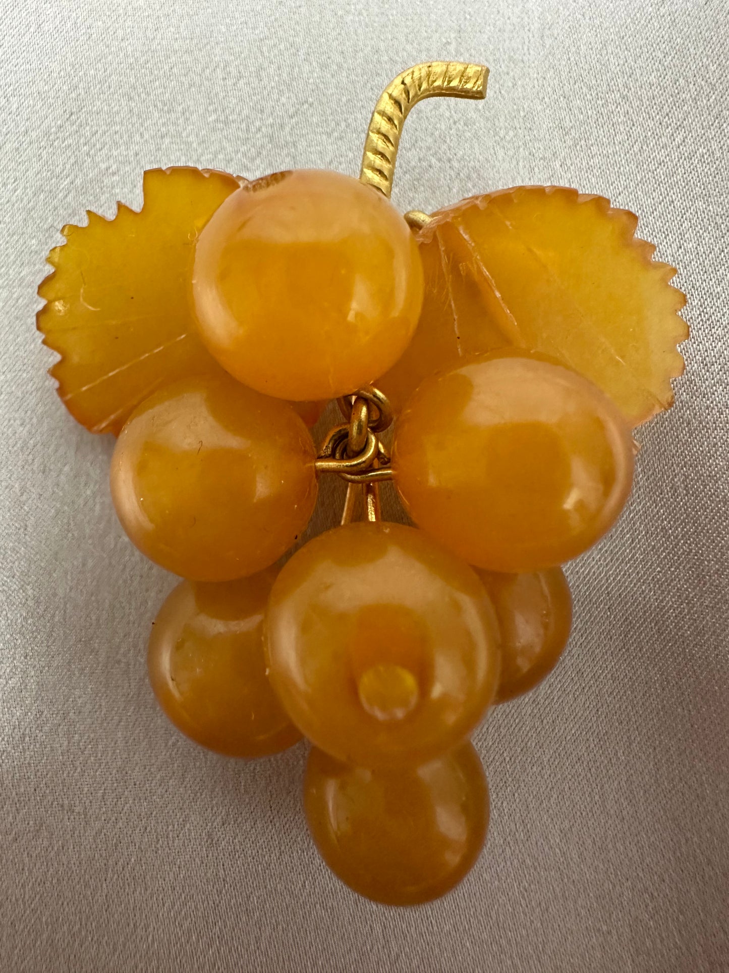 Vintage Opaque Baltic Amber Grape Cluster Vine Leaf Brooch - 2"