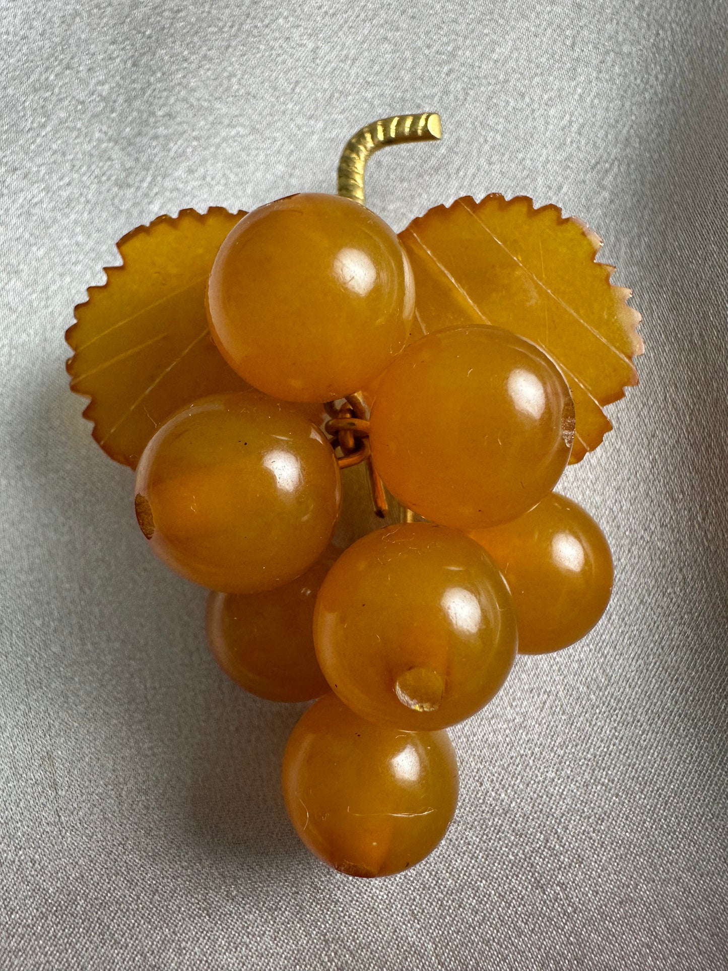 Vintage Opaque Baltic Amber Grape Cluster Vine Leaf Brooch - 2"