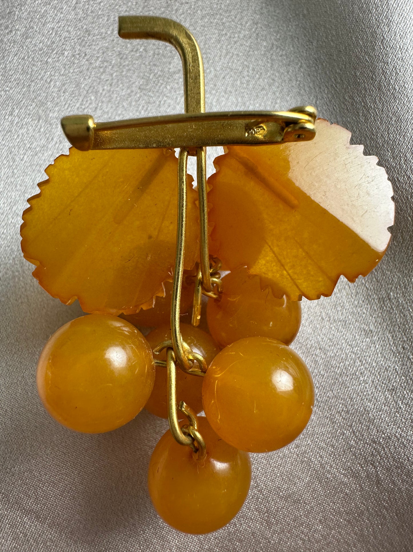 Vintage Opaque Baltic Amber Grape Cluster Vine Leaf Brooch - 2"