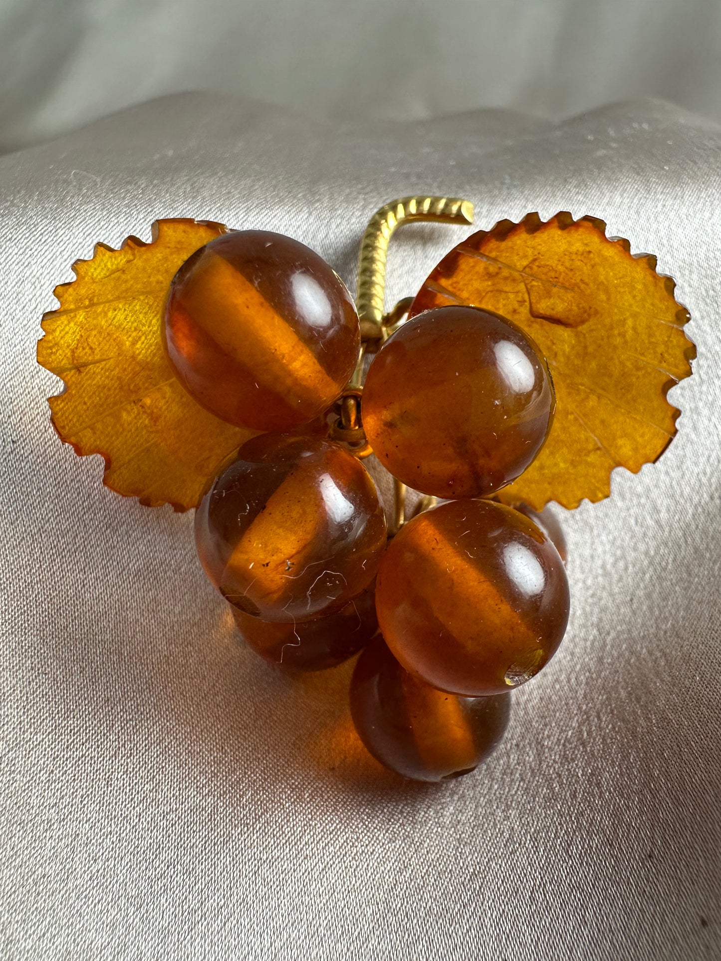 Vintage Small Baltic Amber Grape Cluster Vine Leaf Brooch - 2"