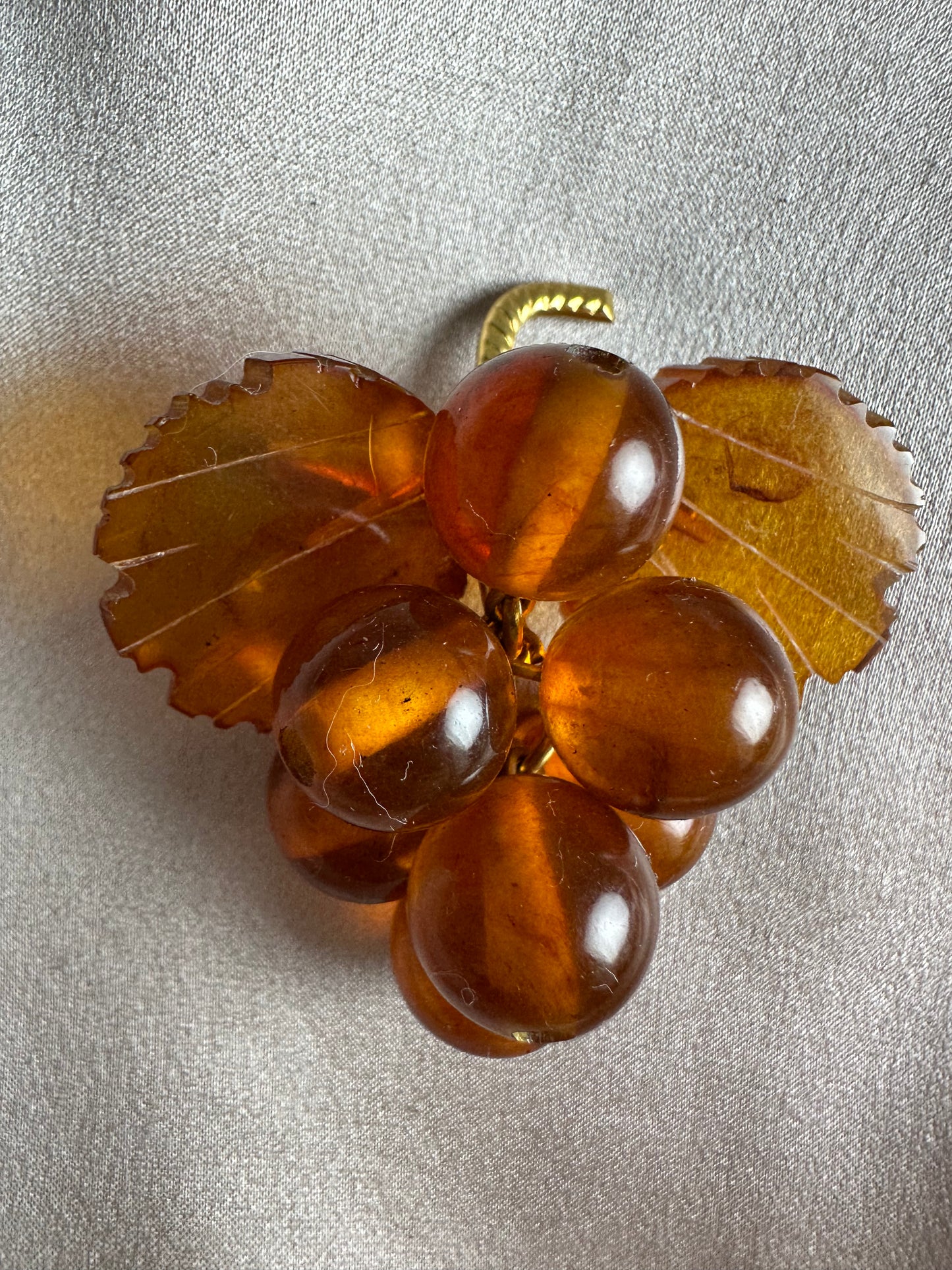 Vintage Small Baltic Amber Grape Cluster Vine Leaf Brooch - 2"