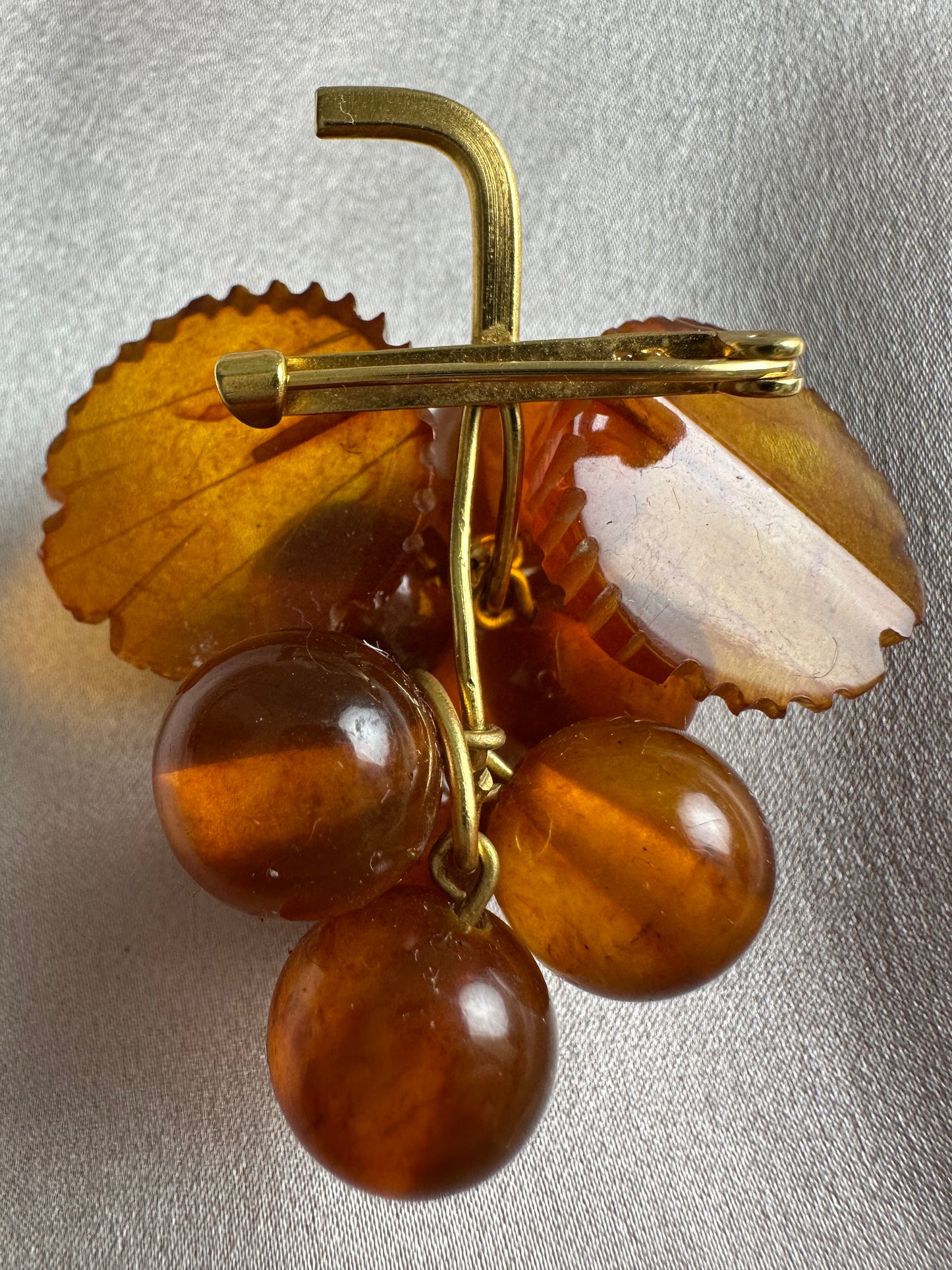 Vintage Small Baltic Amber Grape Cluster Vine Leaf Brooch - 2"