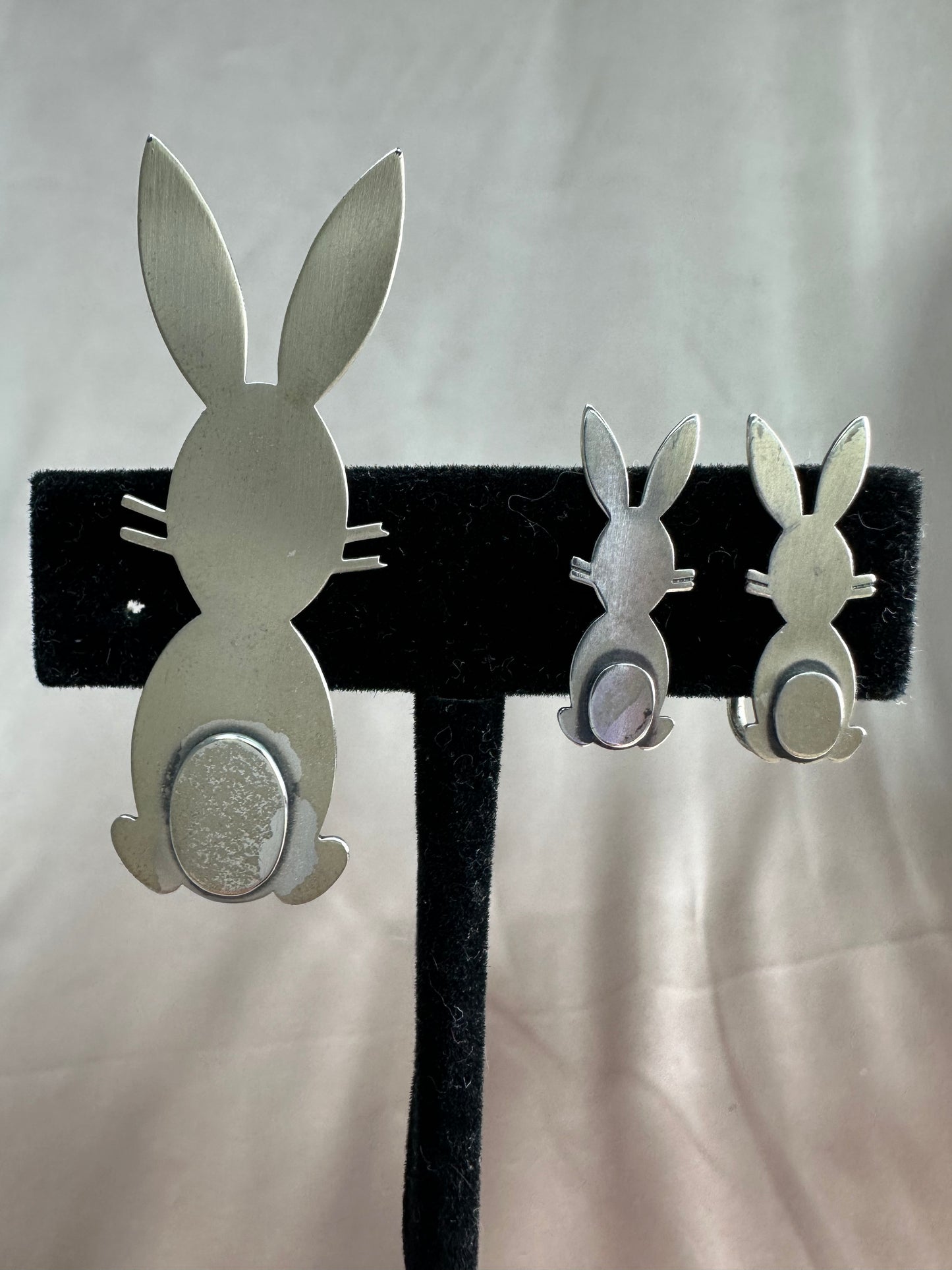 Vintage 60s BEAUCRAFT Sterling Silver Modernist Rabbit Brooch & Clip Earrings Set