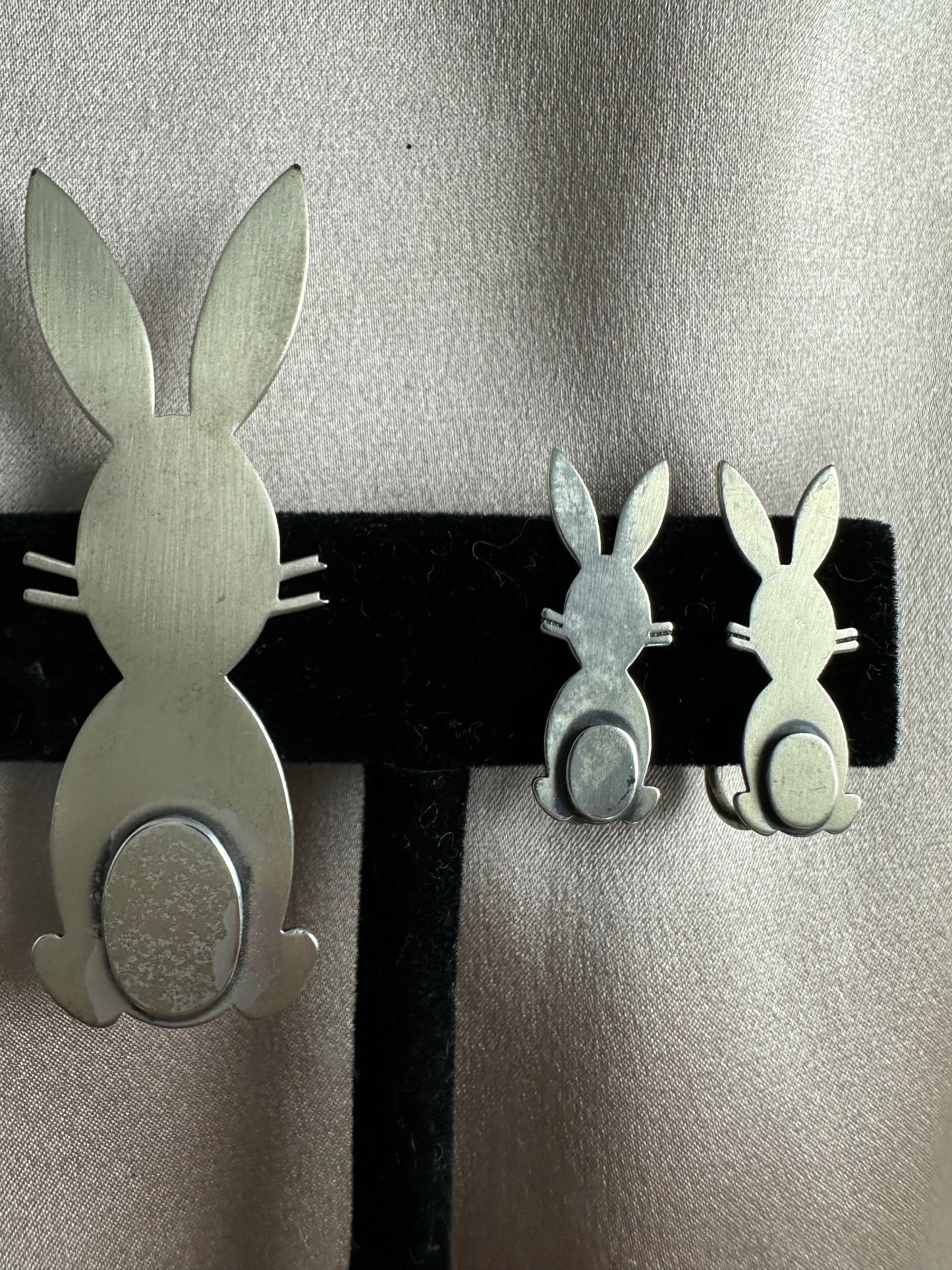 Vintage 60s BEAUCRAFT Sterling Silver Modernist Rabbit Brooch & Clip Earrings Set