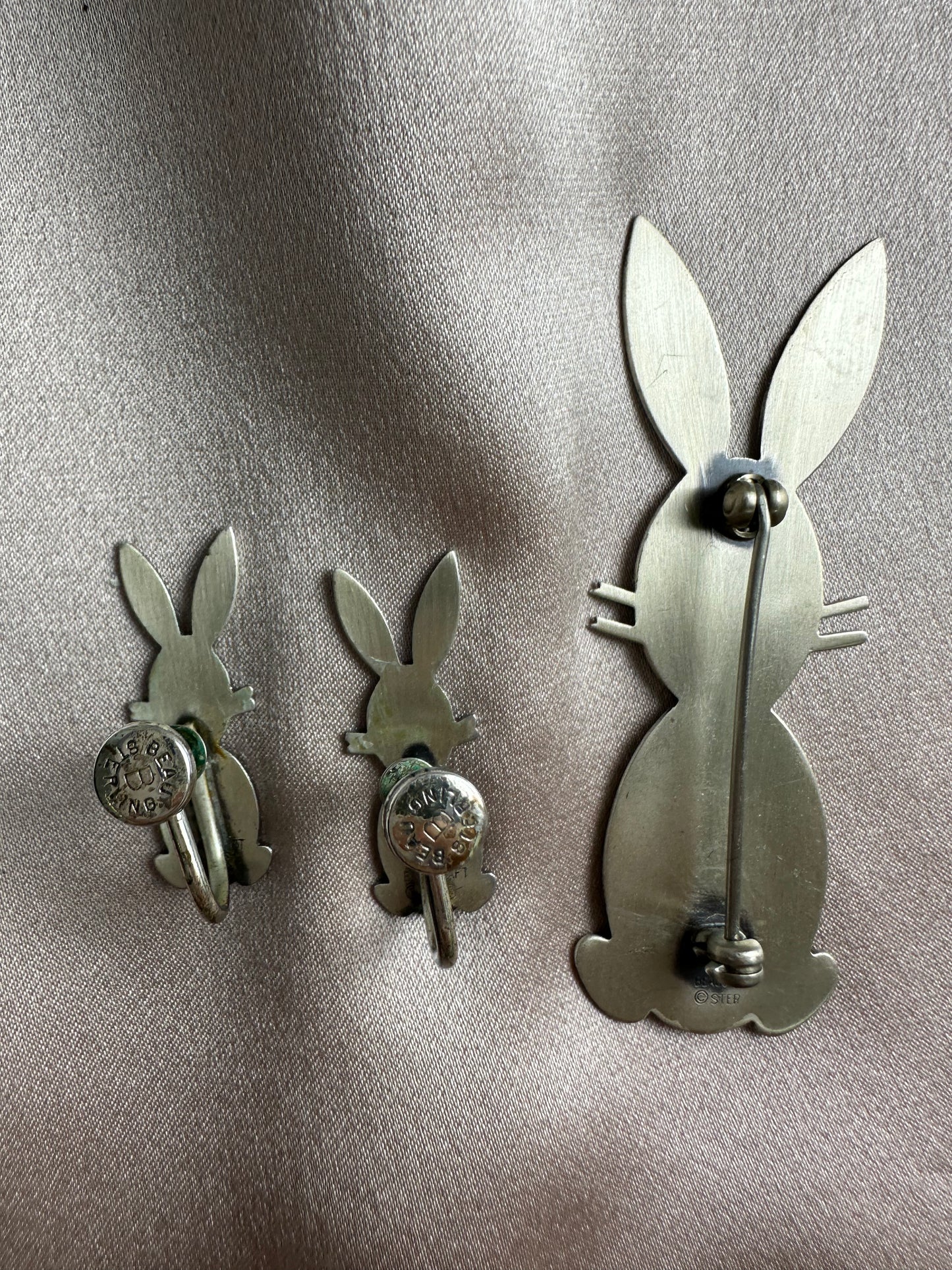 Vintage 60s BEAUCRAFT Sterling Silver Modernist Rabbit Brooch & Clip Earrings Set