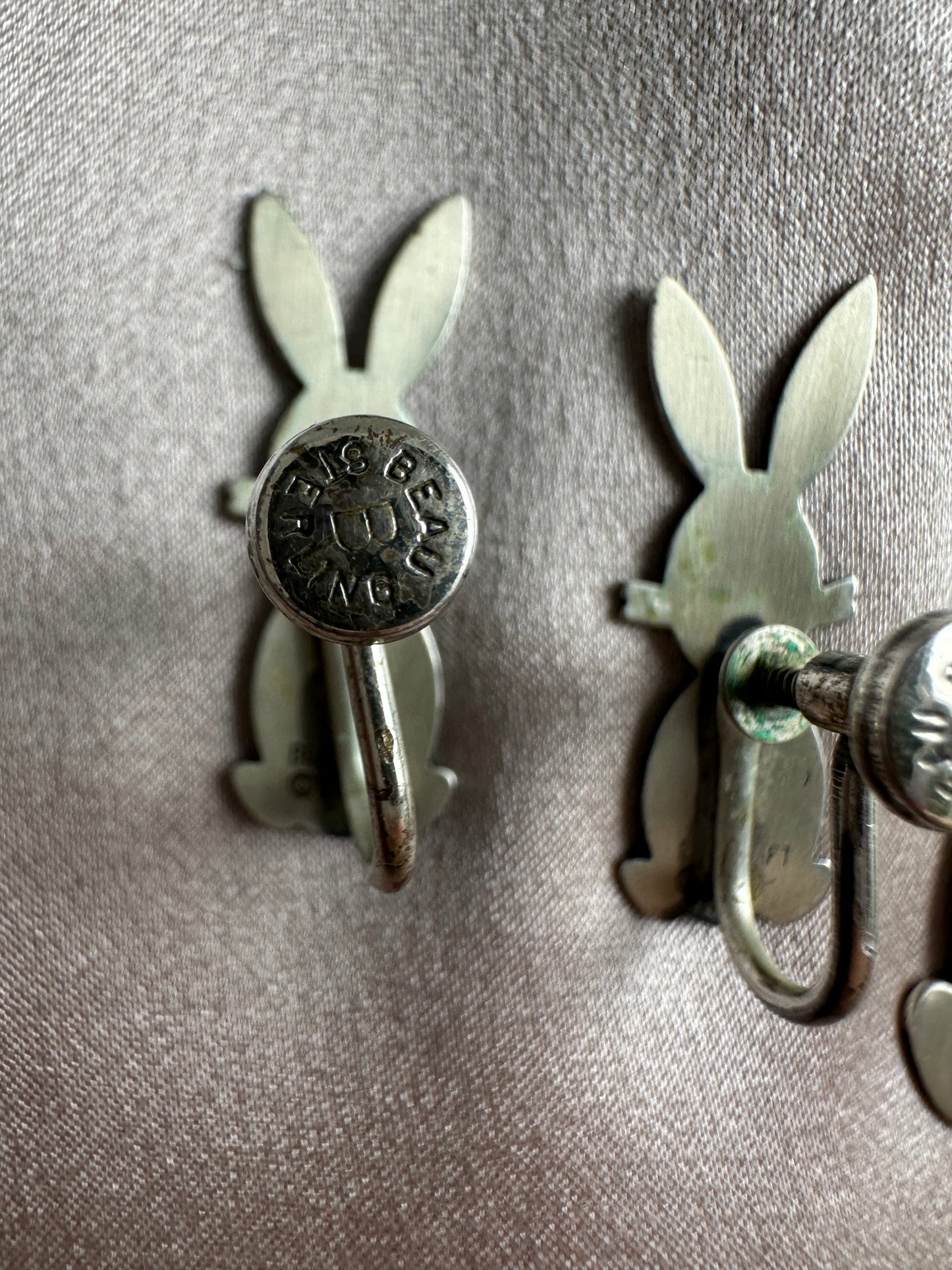 Vintage 60s BEAUCRAFT Sterling Silver Modernist Rabbit Brooch & Clip Earrings Set