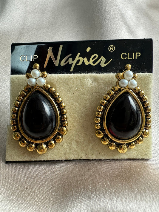 New NAPIER gold tone Pearl Wine Red Teardrop Glass Cabochon Clip Earrings