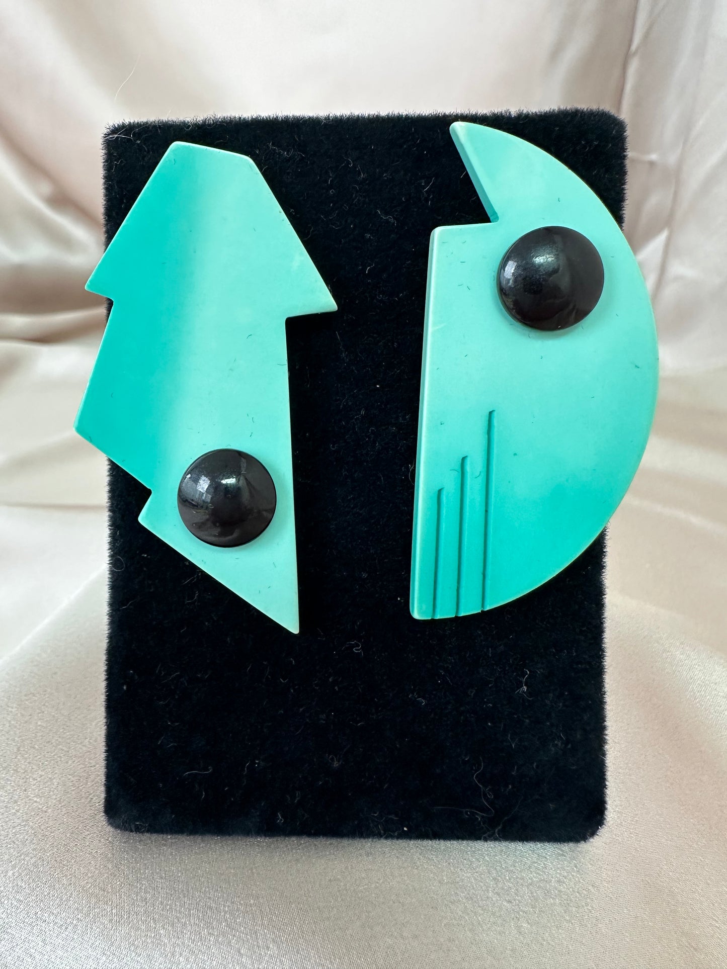 Vintage GUILLEMETTE L'HOIR Turquoise Black Deco Geometric Galalith Earrings