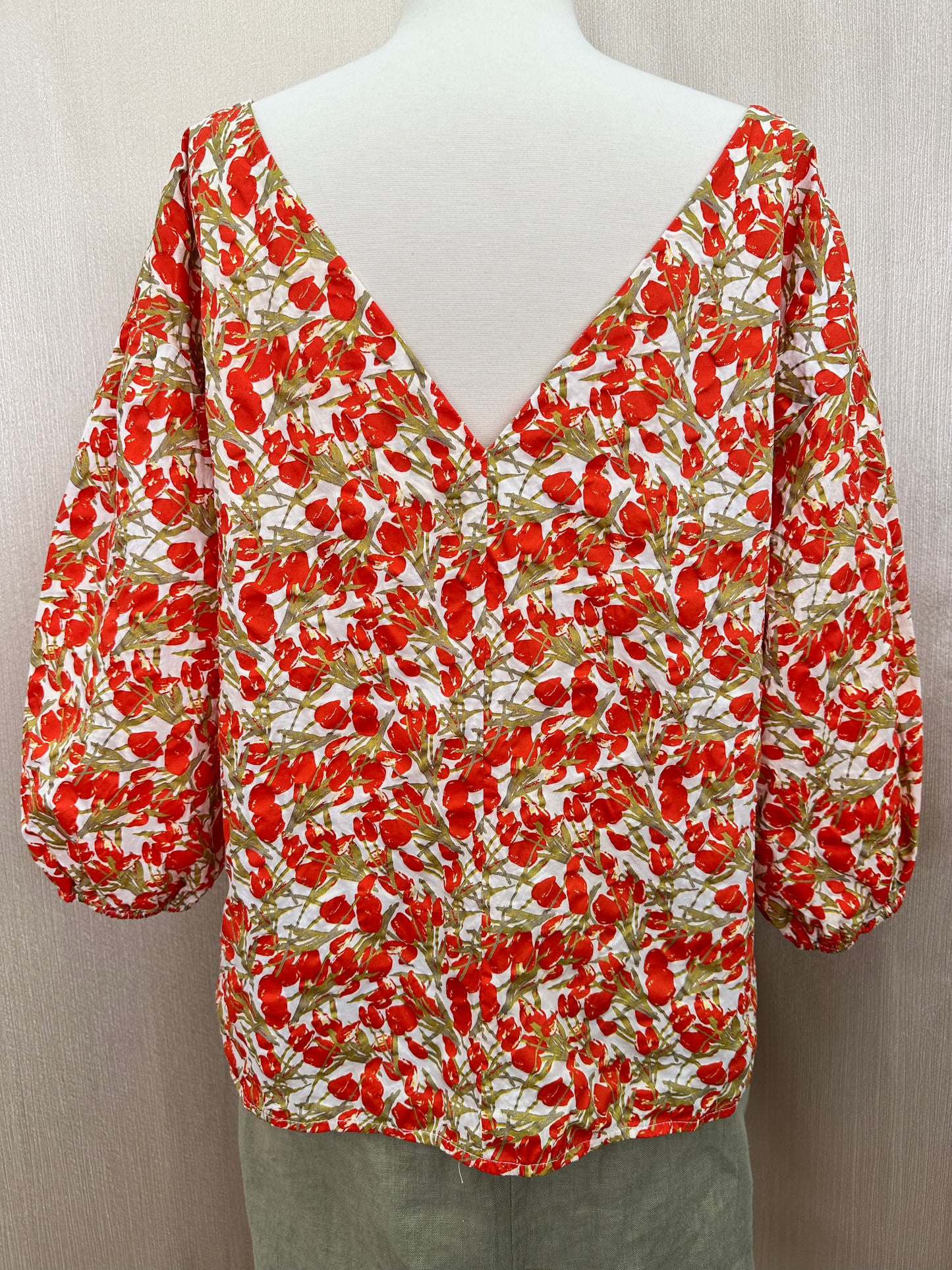 MICHELLE SMITH orange green Floral Amalfi V-Neck 3/4 Sleeve Top - M