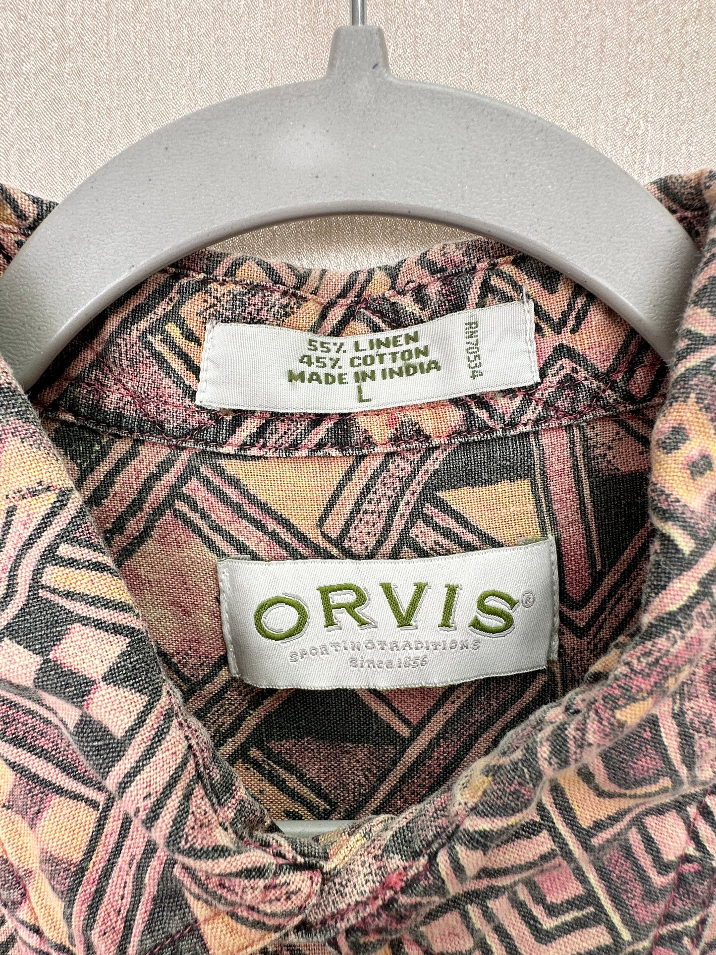 ORVIS orange reddish Linen Cotton Geometric Pattern Short Sleeve Shirt - L