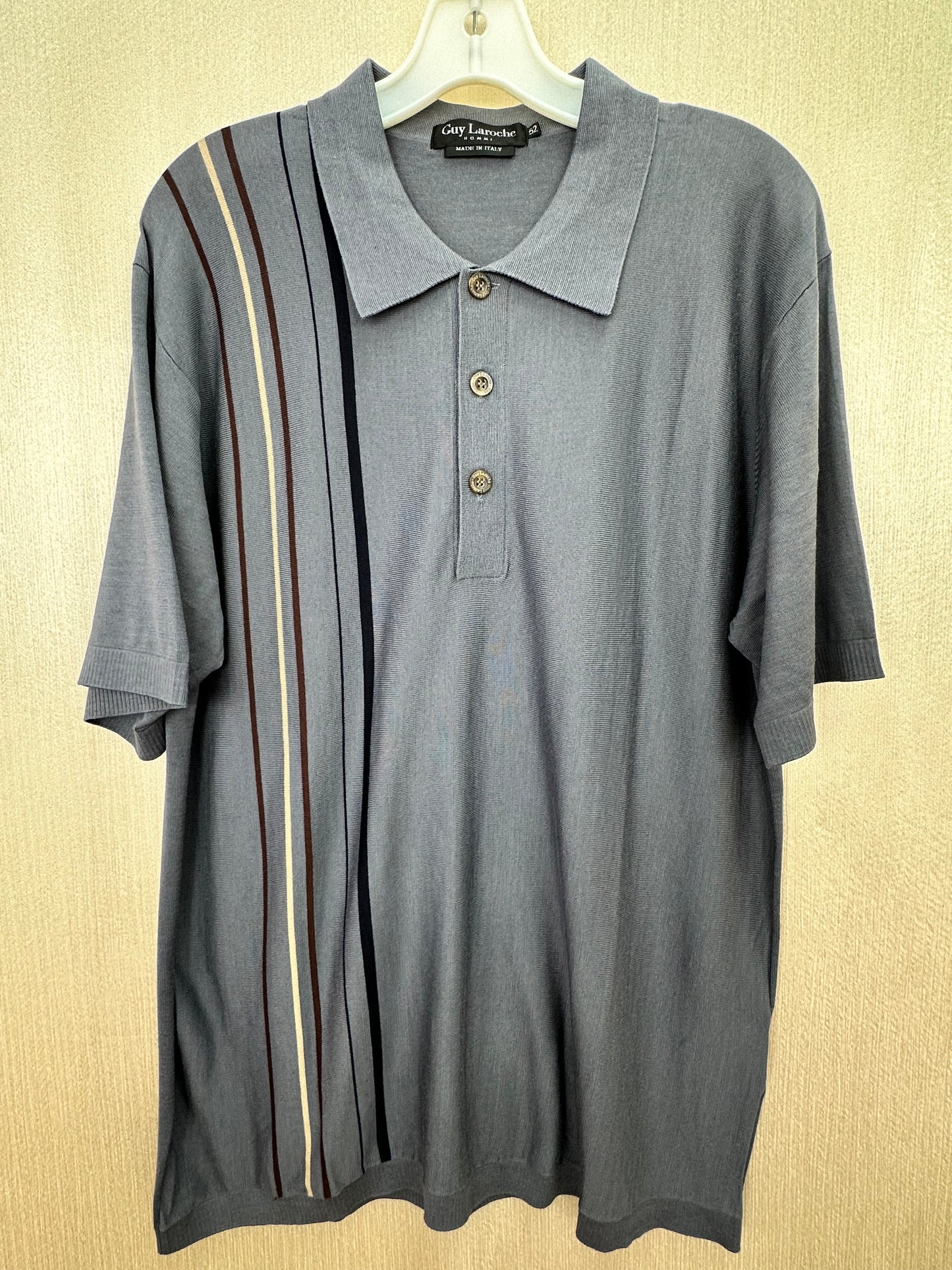 GUY LAROCHE gray blue Stripe Silk Cotton Blend 80s Polo Shirt - 52 | US L