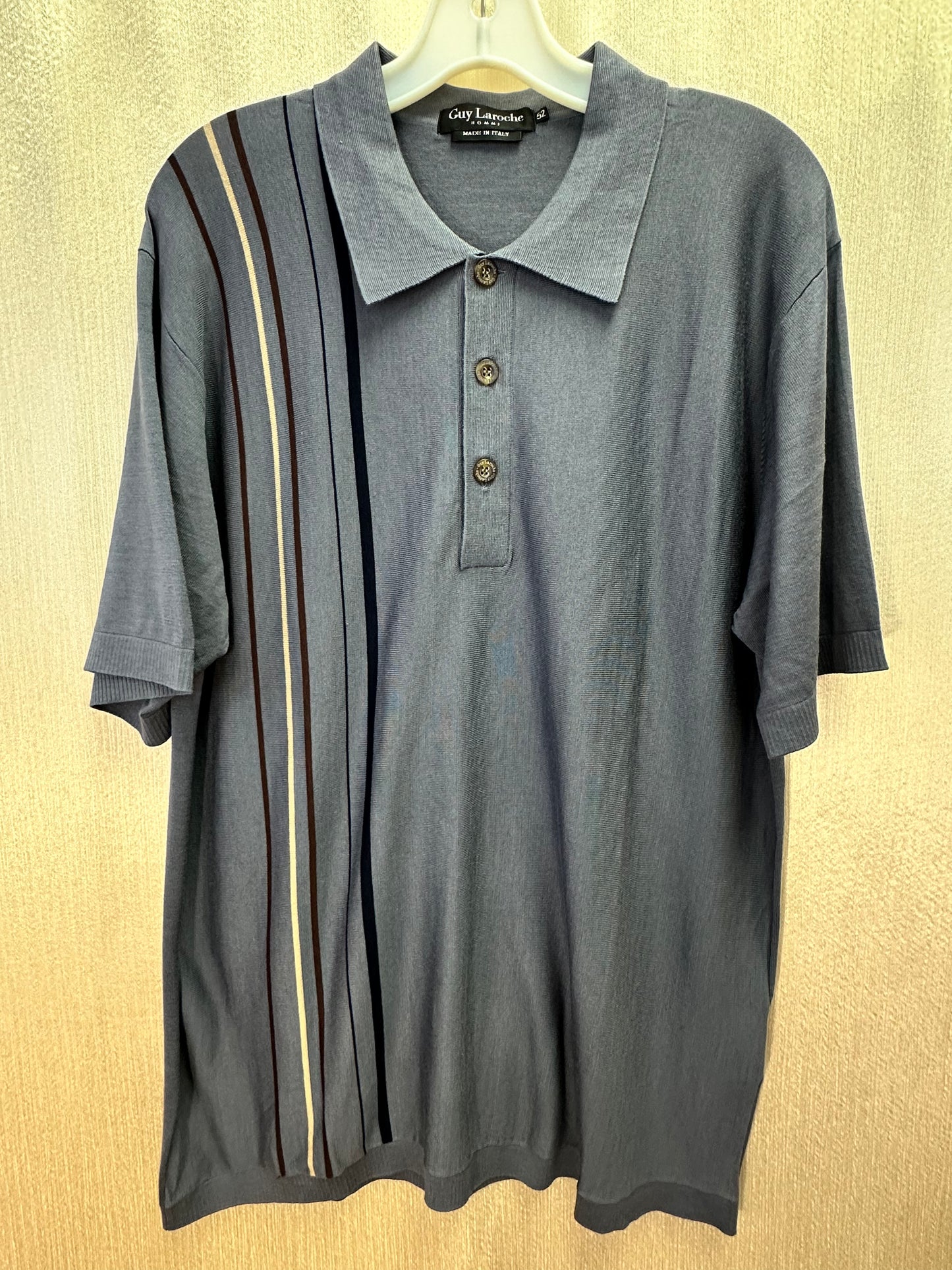 GUY LAROCHE gray blue Stripe Silk Cotton Blend 80s Polo Shirt - 52 | US L