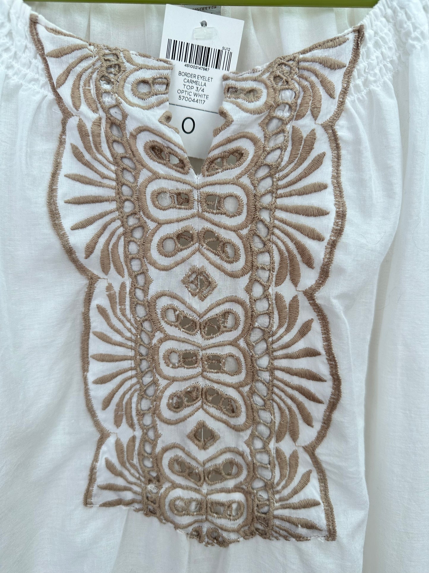 NWT - CHICO'S white tan Cotton Embroidered Eyelet 3/4 Sleeve Top - 0 | US 4 / S