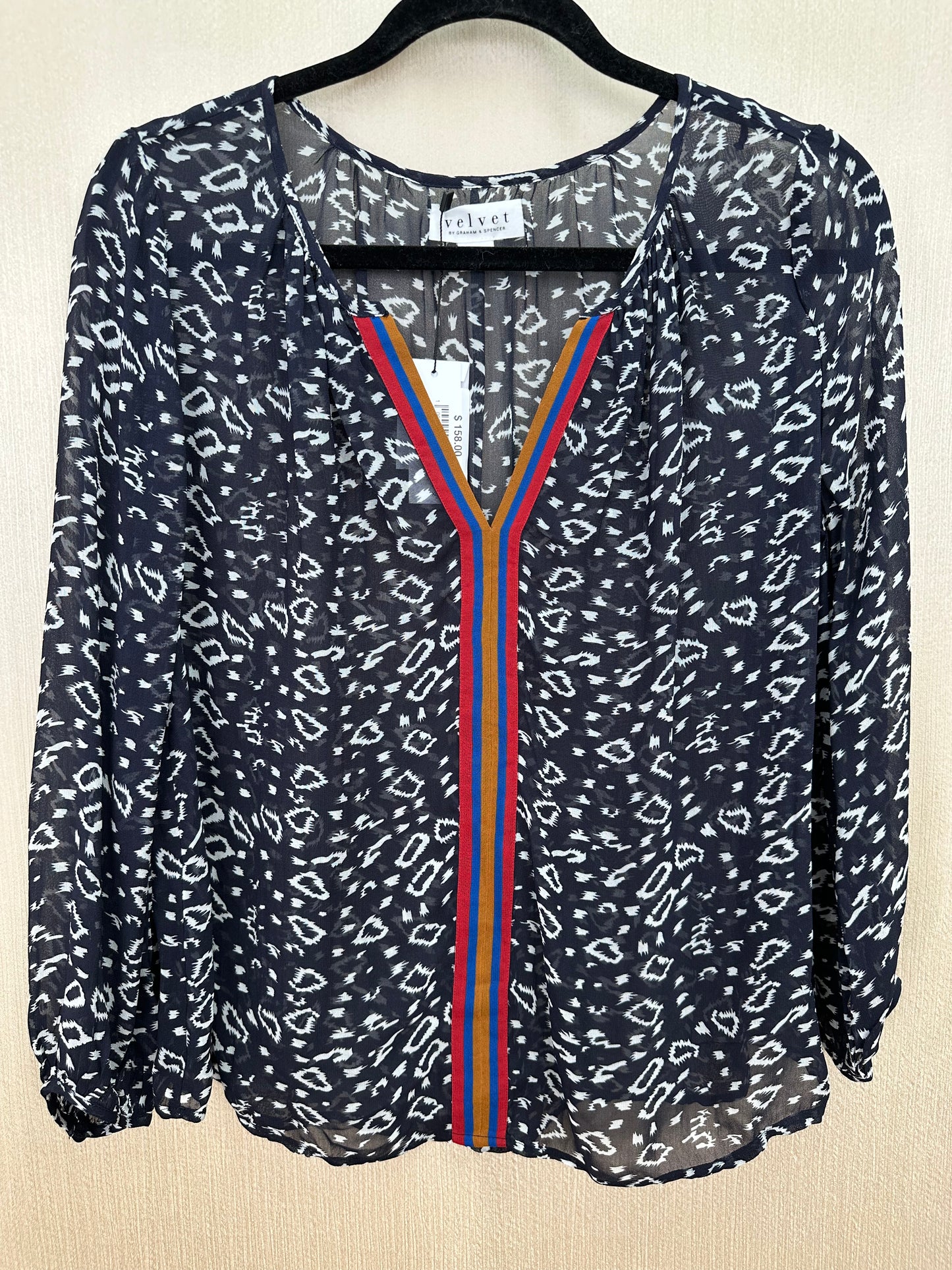 NWT - VELVET Graham Spencer navy Print Sheer Viscose 3/4 Sleeve Janet Top - XS