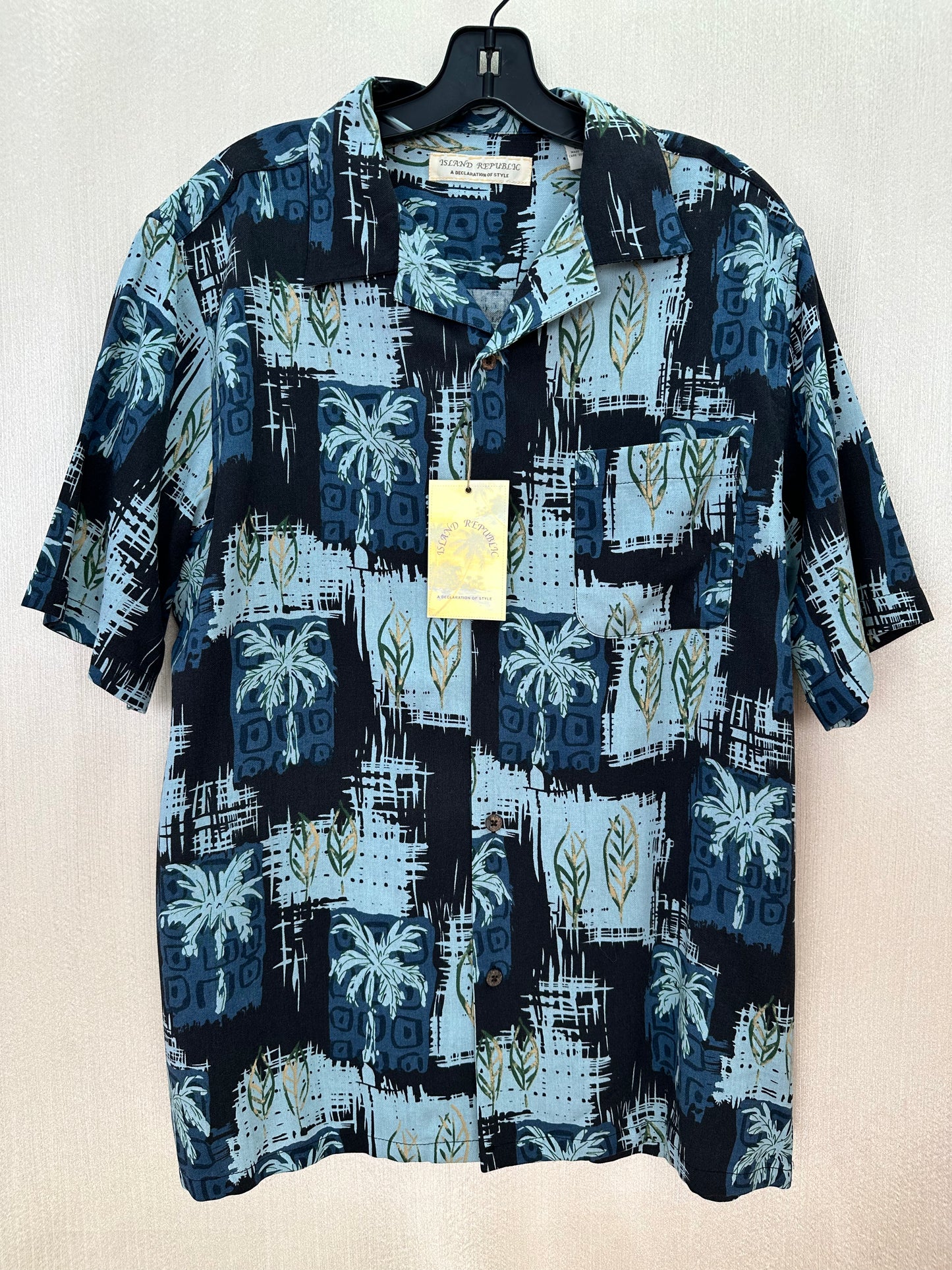 NWT - ISLAND REPUBLIC navy blue Silk Palm Tree Hawaiian Shirt - L