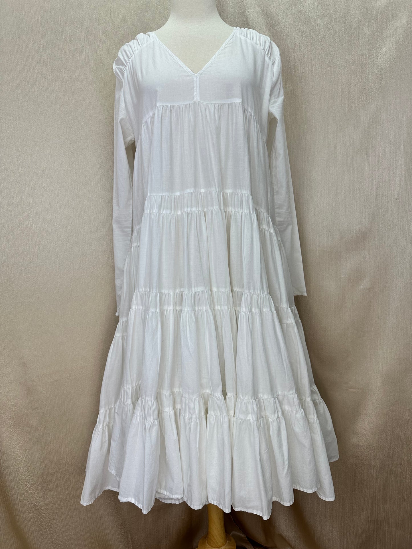 MERLETTE white Cotton Oversized Babydoll Boho Tiered V-Neck Midi Dress - M