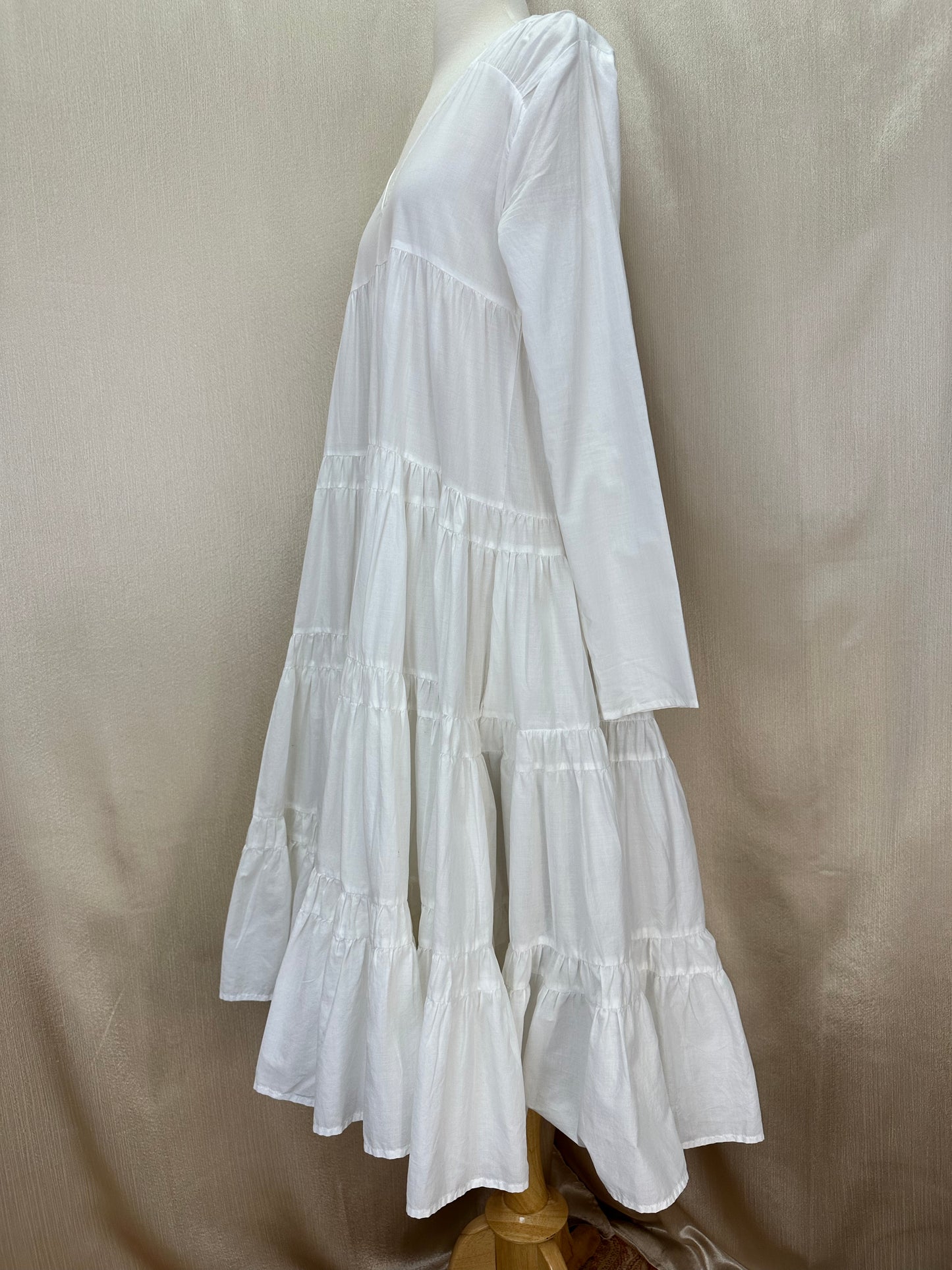 MERLETTE white Cotton Oversized Babydoll Boho Tiered V-Neck Midi Dress - M