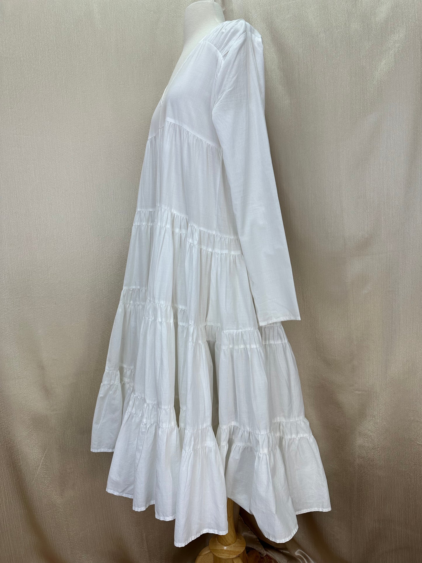 MERLETTE white Cotton Oversized Babydoll Boho Tiered V-Neck Midi Dress - M