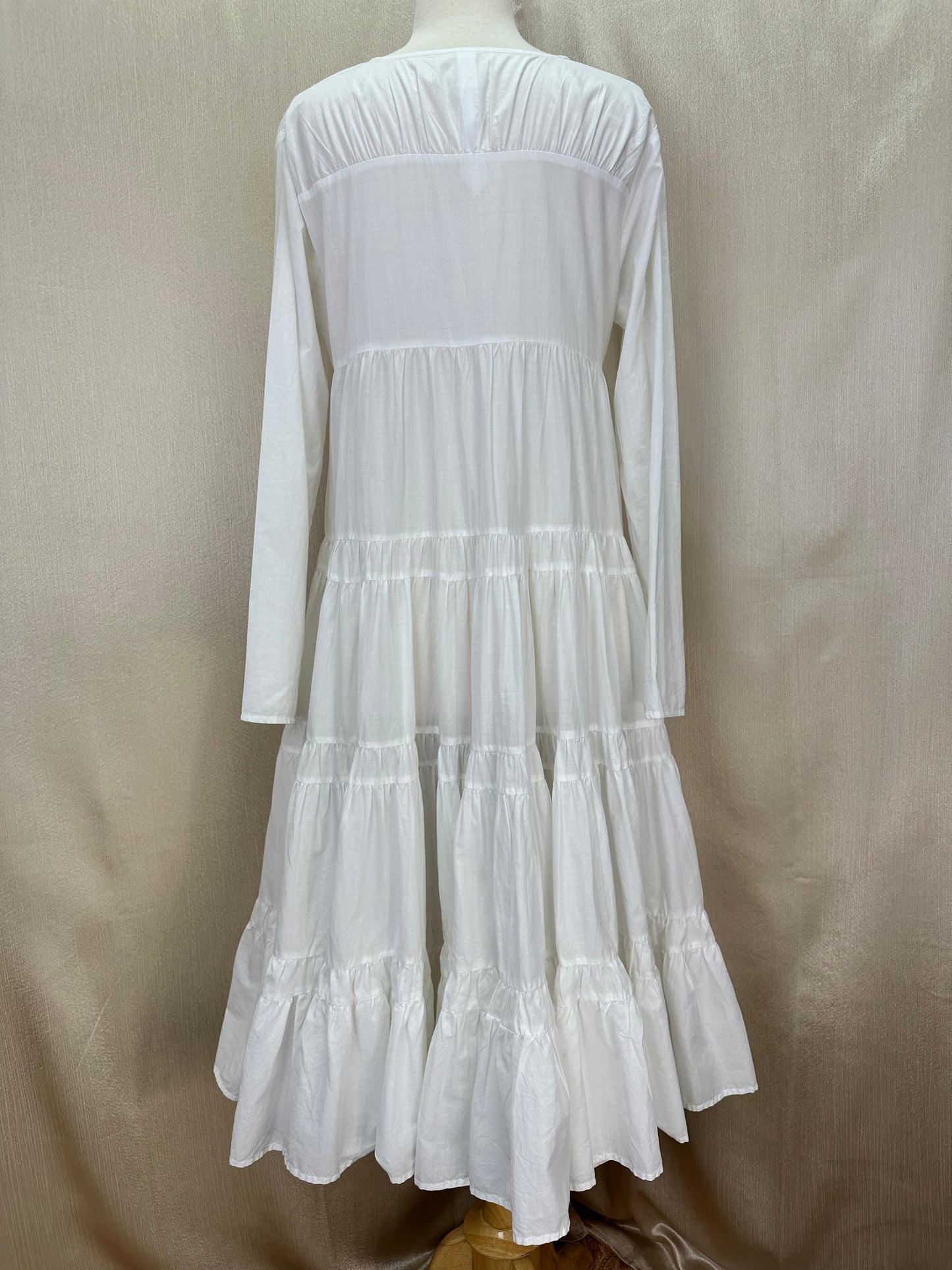 MERLETTE white Cotton Oversized Babydoll Boho Tiered V-Neck Midi Dress - M