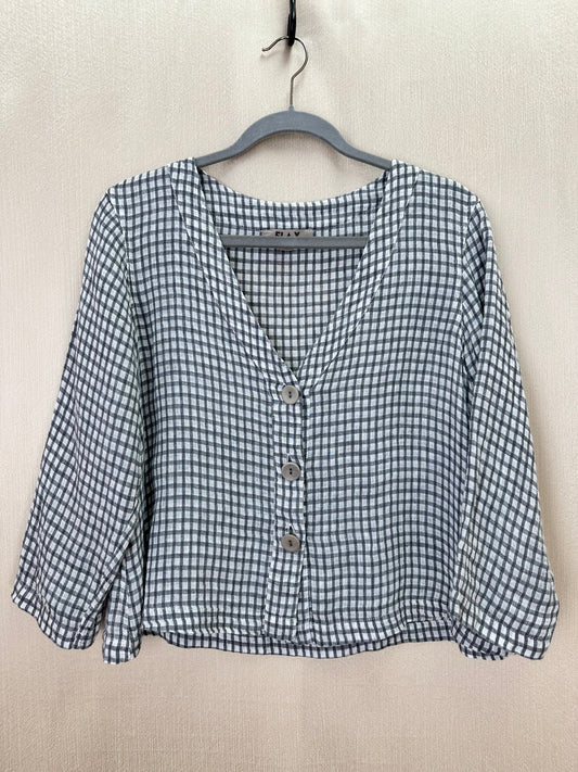 FLAX grey white Gauze Linen Button Up V-Neck 3/4 Sleeve Jacket Top - P | 4-6