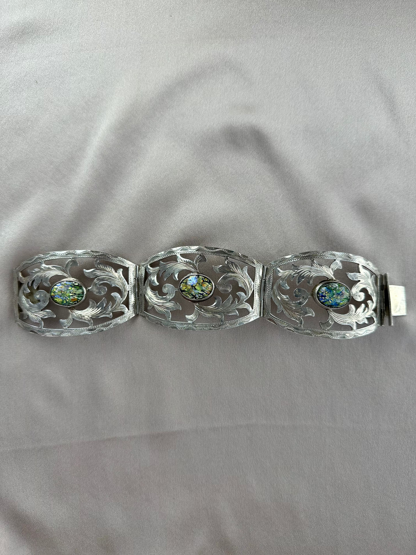 Etched Sterling Silver & Fire Foil Opal Art Glass 3 Panel Hinge Bracelet - 7 1/8"