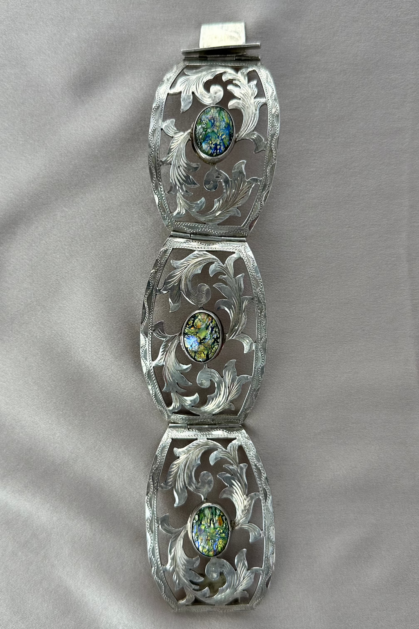 Etched Sterling Silver & Fire Foil Opal Art Glass 3 Panel Hinge Bracelet - 7 1/8"