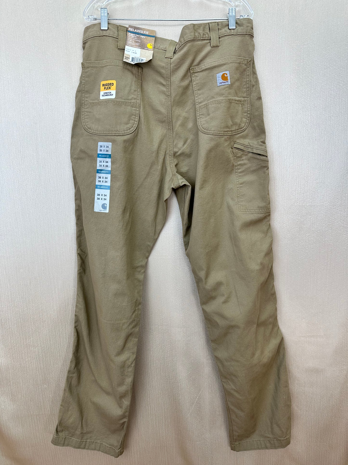 NWT - CARHARTT khaki Relaxed Fit Rugged Flex Rigby Dungaree Work Pants - 38x34