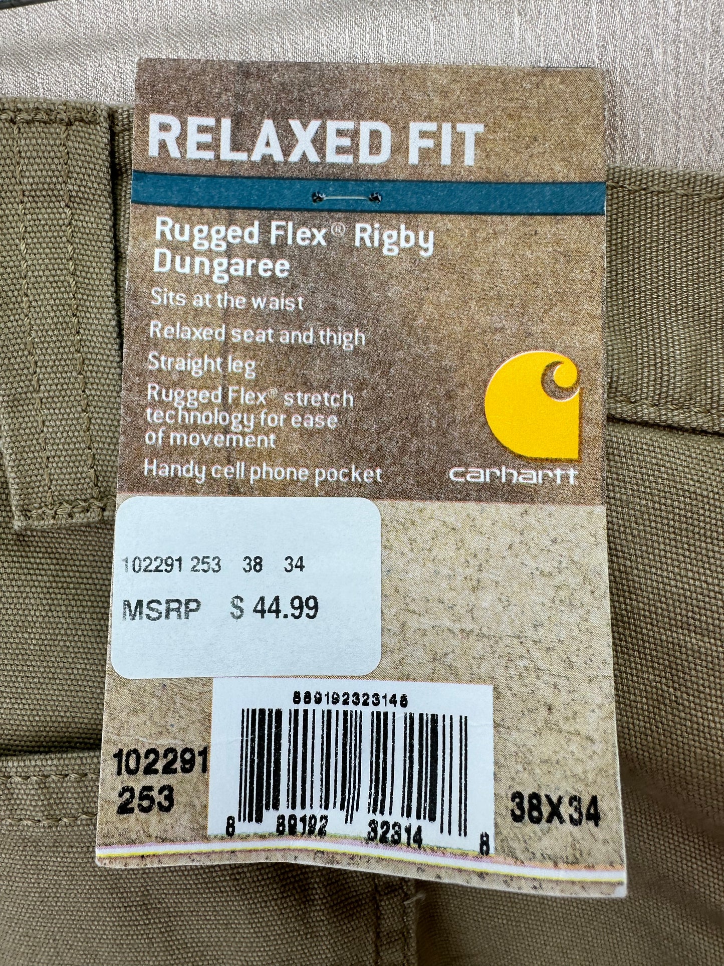 NWT - CARHARTT khaki Relaxed Fit Rugged Flex Rigby Dungaree Work Pants - 38x34