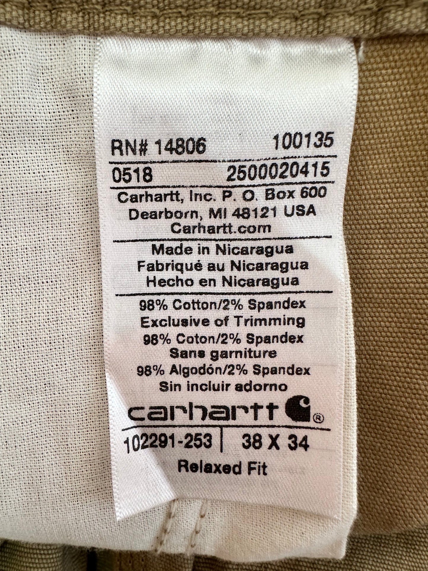 NWT - CARHARTT khaki Relaxed Fit Rugged Flex Rigby Dungaree Work Pants - 38x34