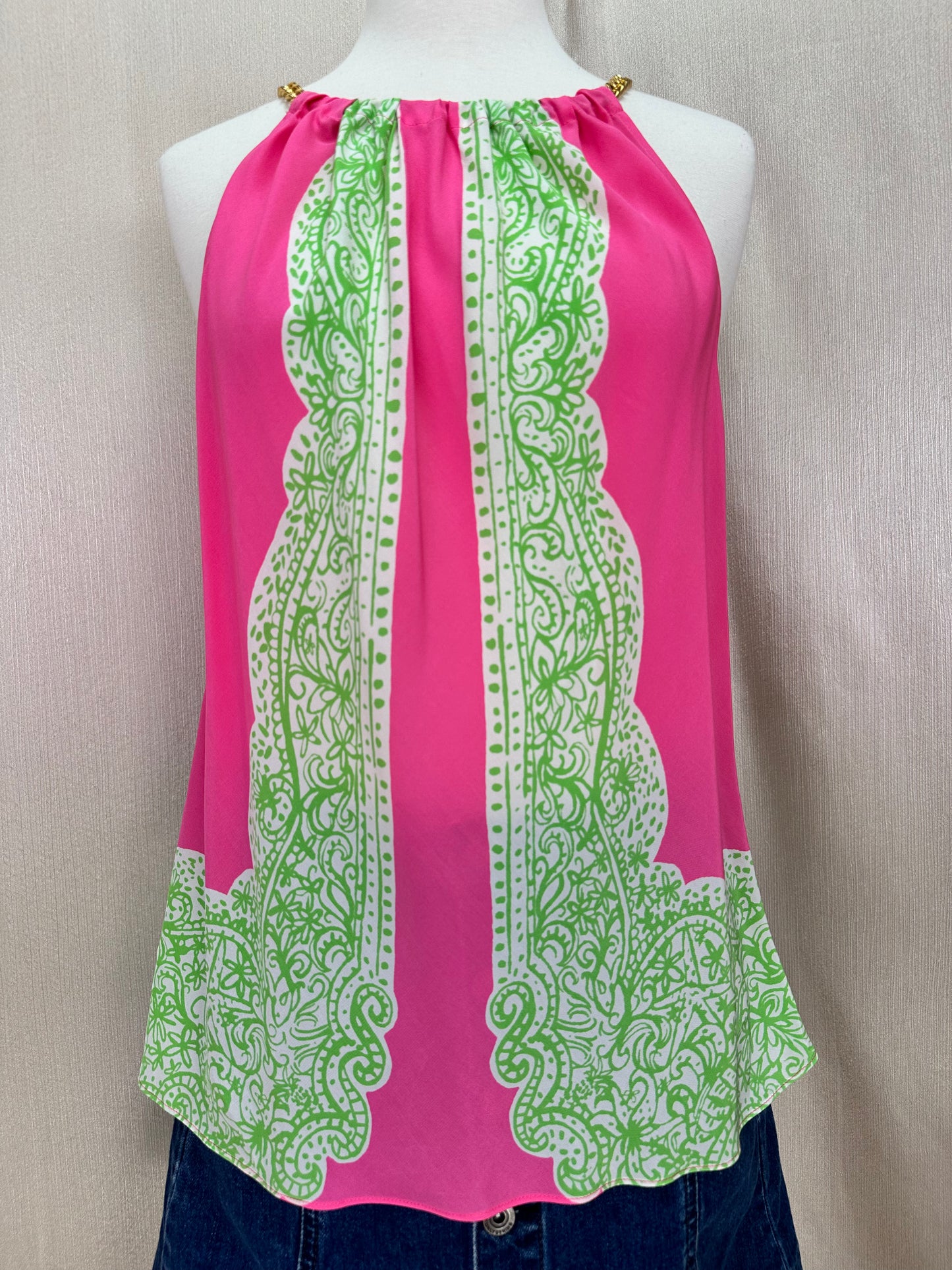 LILLY PULITZER pink green Silk Gold Chain Halter Rivera Top - M