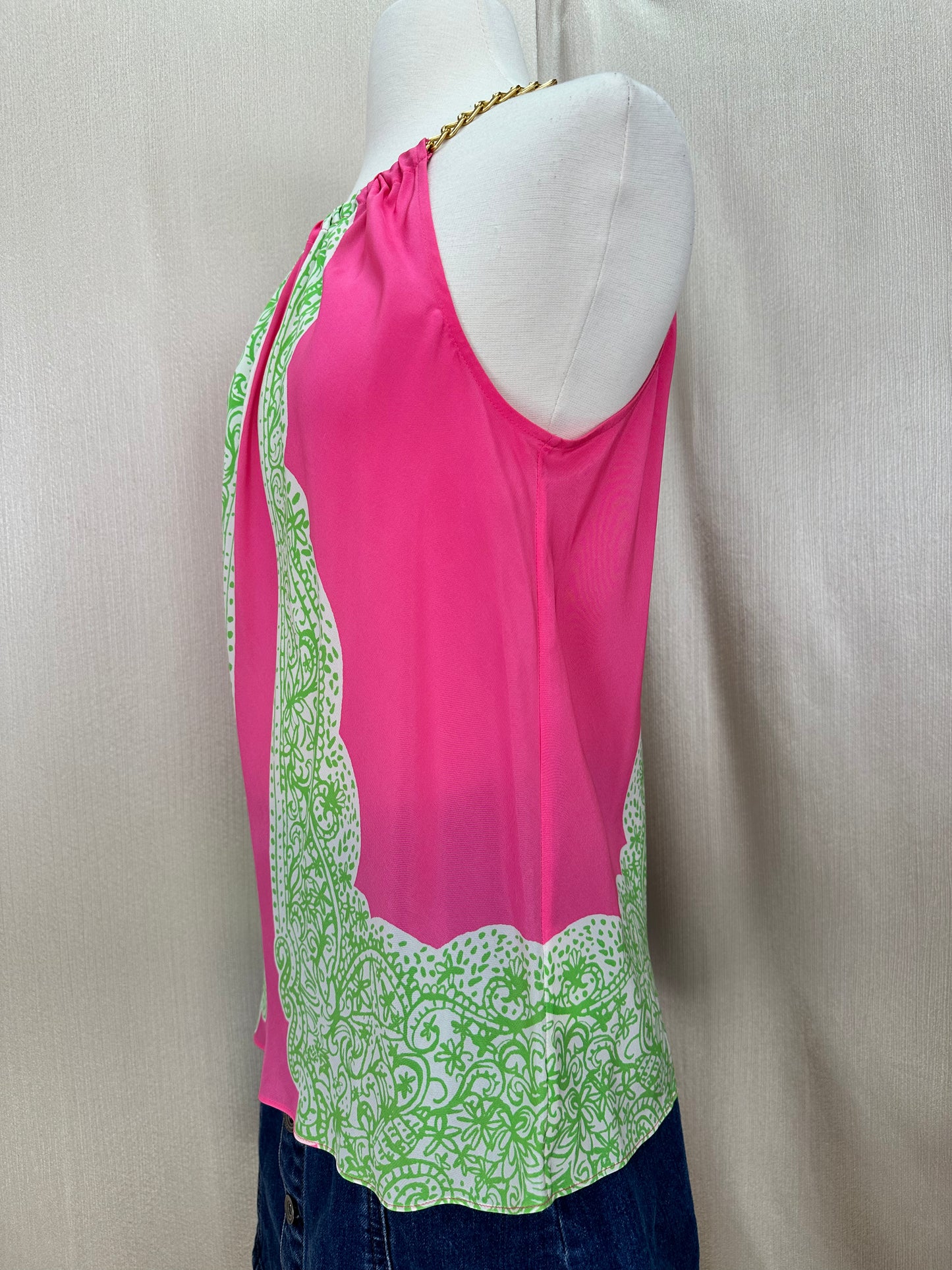 LILLY PULITZER pink green Silk Gold Chain Halter Rivera Top - M