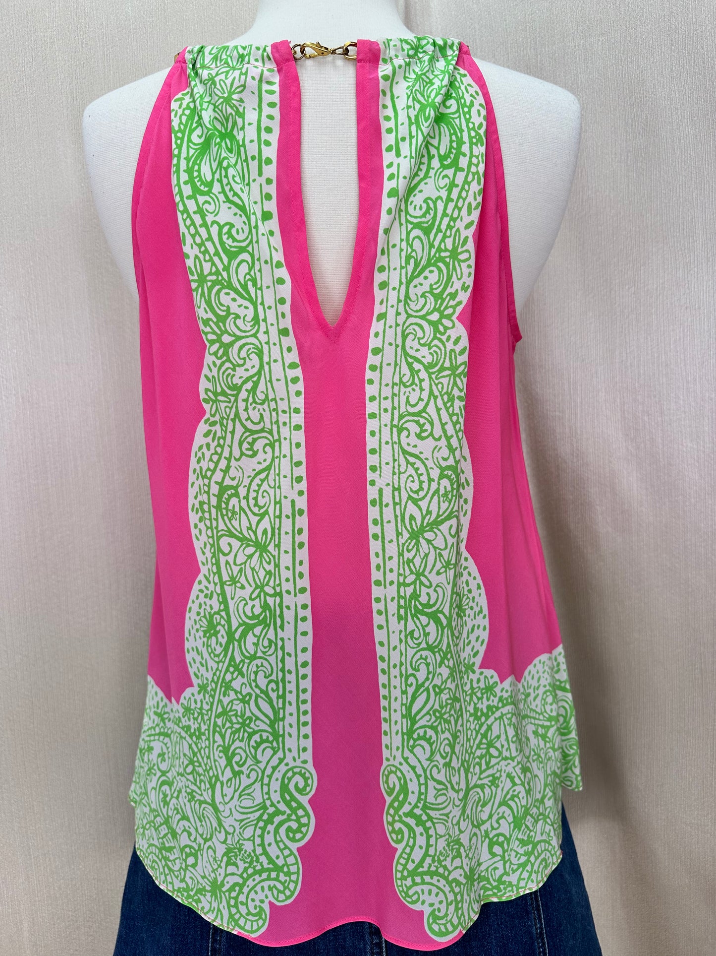 LILLY PULITZER pink green Silk Gold Chain Halter Rivera Top - M