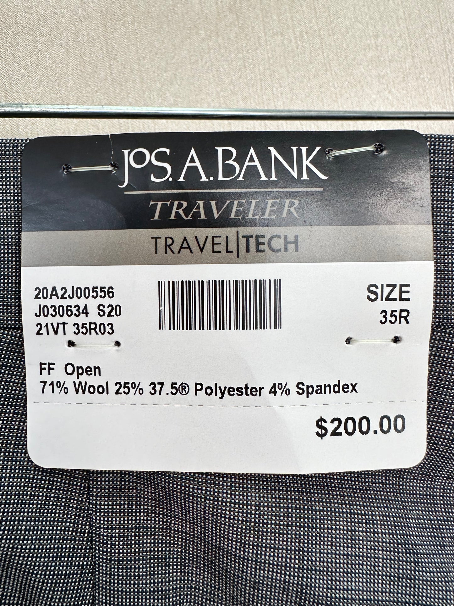 NWT - JOS A BANK gray Flat Front Open UNHEMMED Traveler 37.5 Pants - 35R