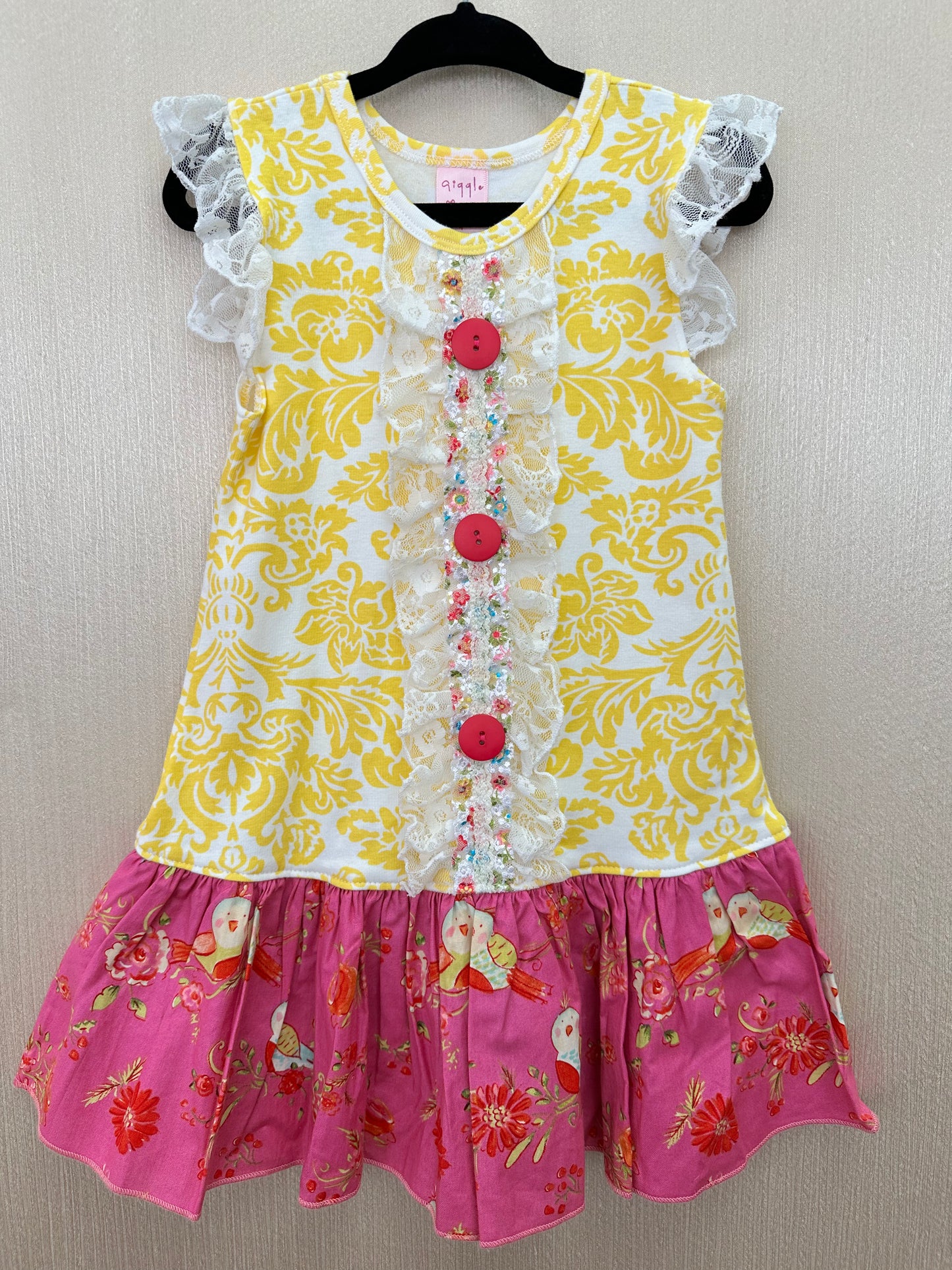 GIGGLE MOON yellow pink Drop Waist Lace Detail Sleeveless Dress - 4