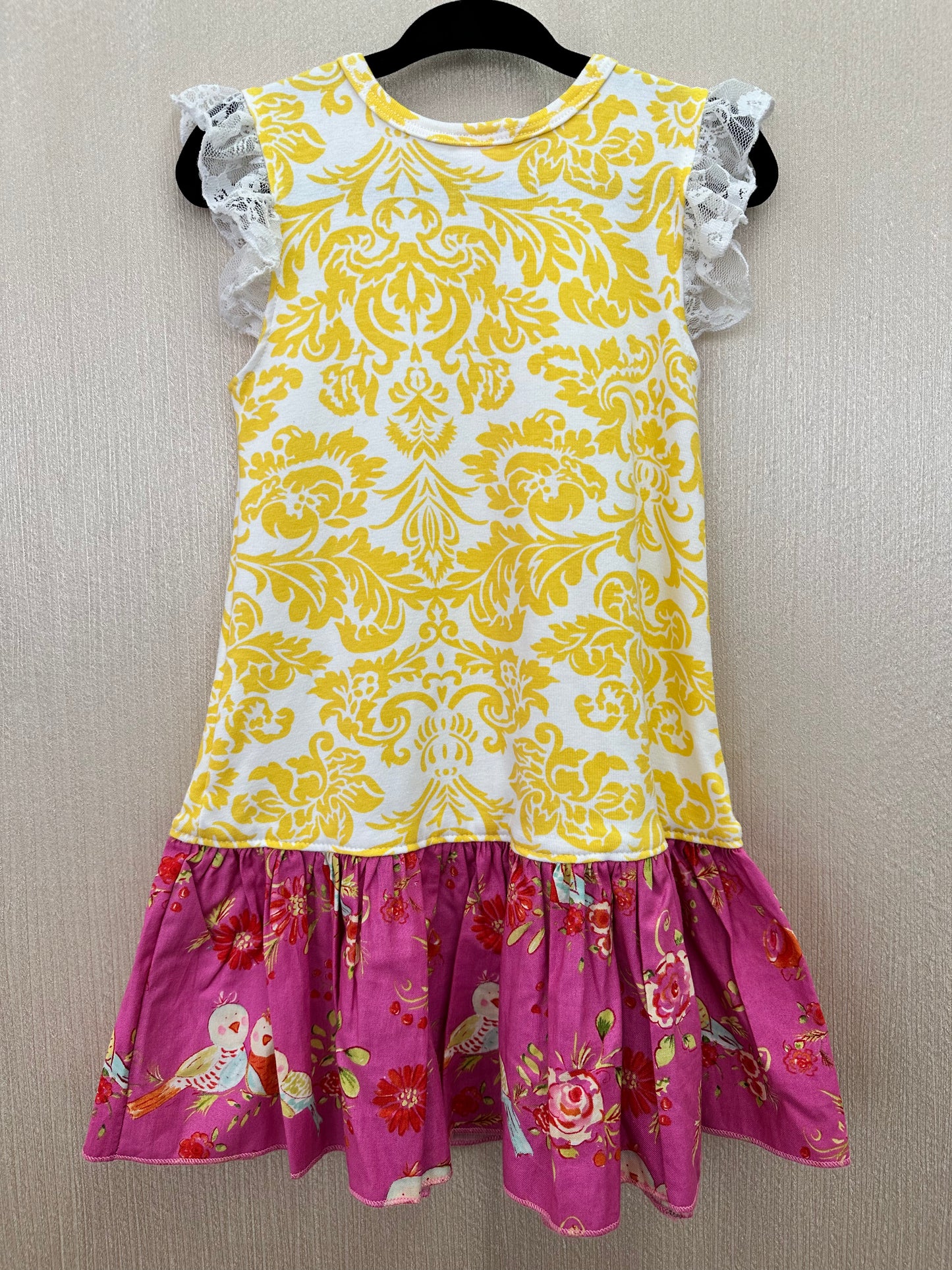 GIGGLE MOON yellow pink Drop Waist Lace Detail Sleeveless Dress - 4