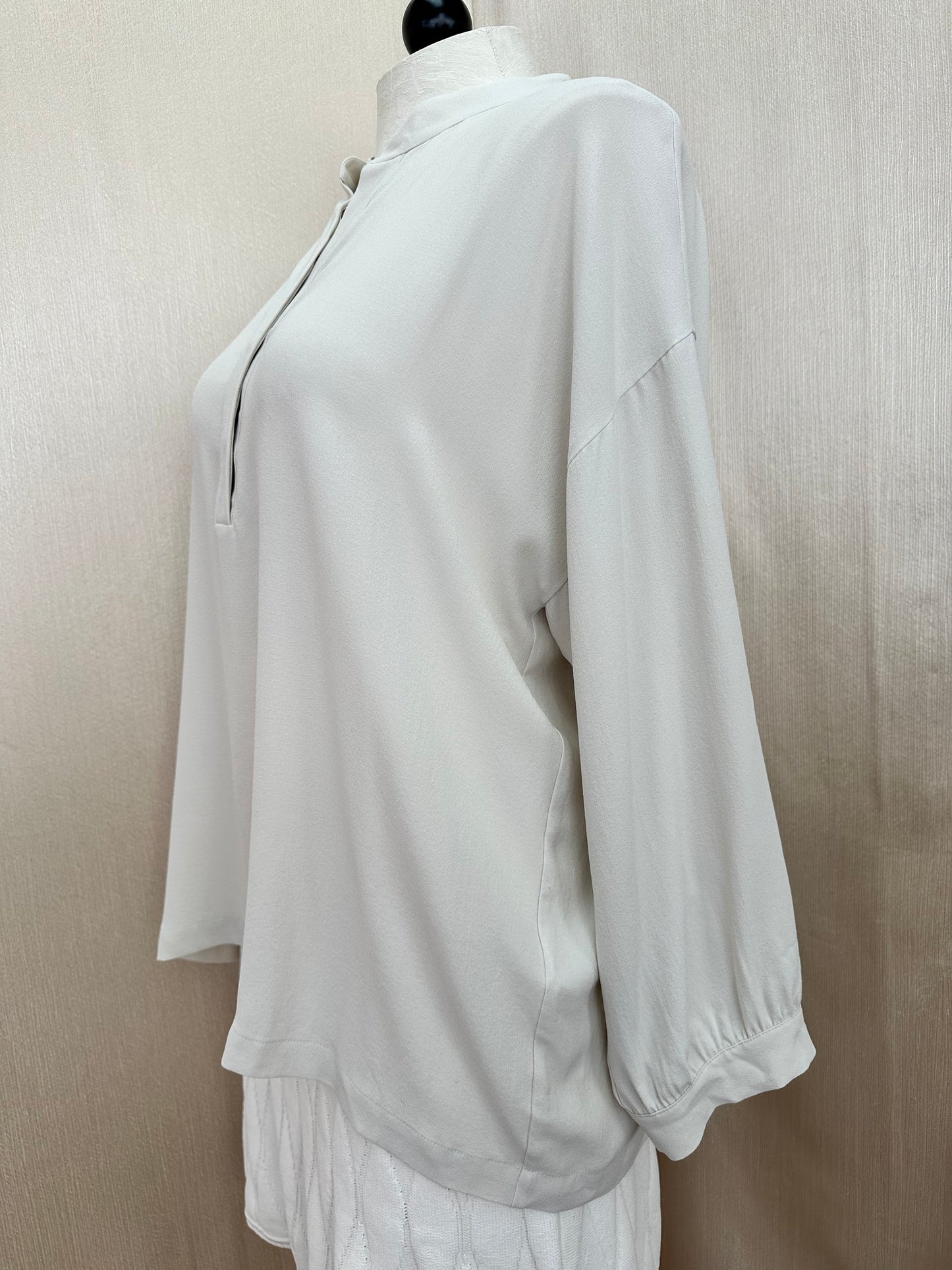 NWT - EILEEN FISHER bone white Silk Georgette Crepe Mandarin Collar Shirt - XL