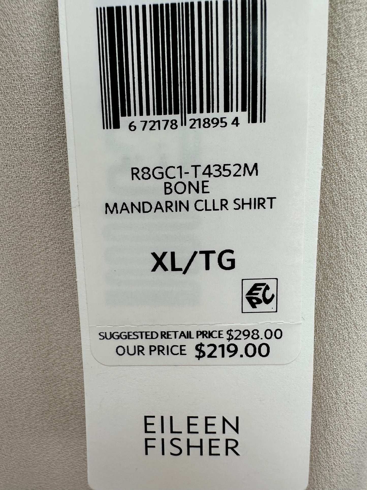 NWT - EILEEN FISHER bone white Silk Georgette Crepe Mandarin Collar Shirt - XL