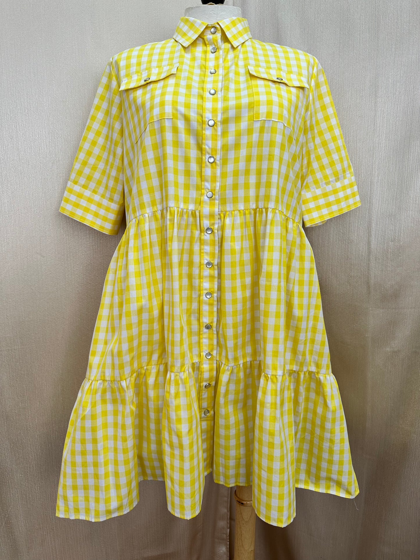 NWT - THE SHIRT ROCHELLE BEHRENS yellow check Pearl Snap 1/2 Sleeve Dress - XL