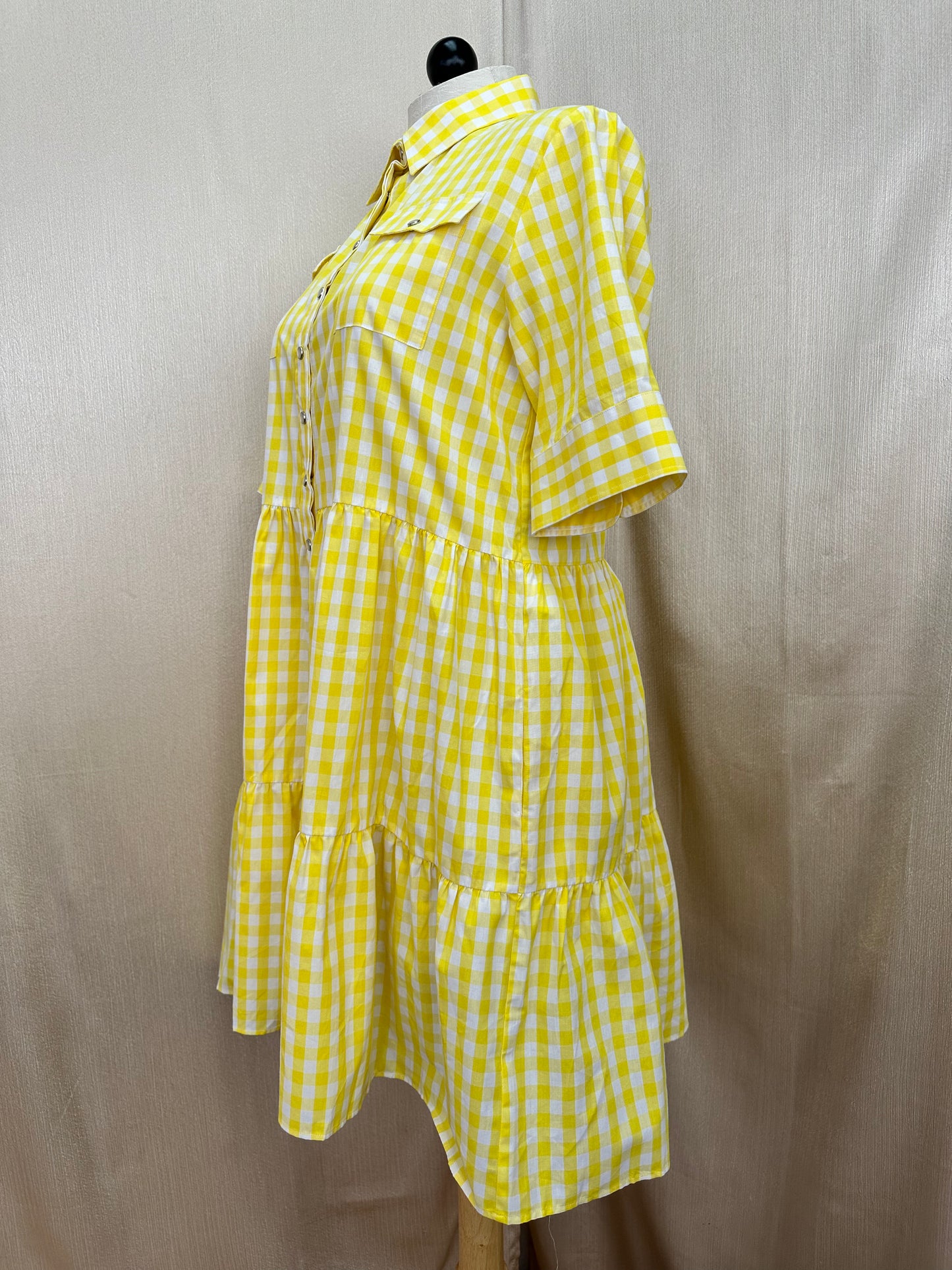 NWT - THE SHIRT ROCHELLE BEHRENS yellow check Pearl Snap 1/2 Sleeve Dress - XL