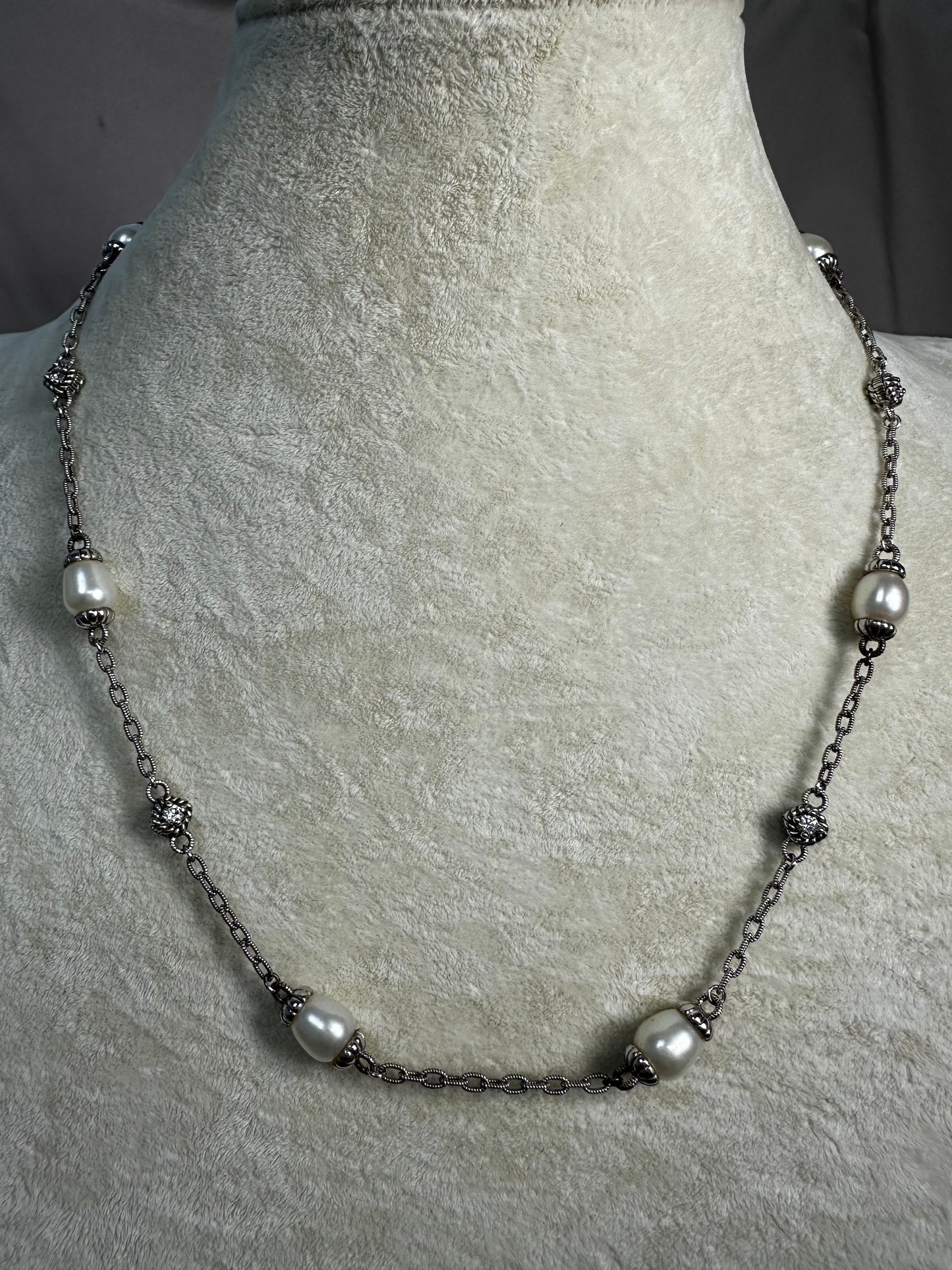 JUDITH RIPKA 925 Sterling Silver Chain Link Pearl CZ Cubic Zirconia Necklace - 21.75"