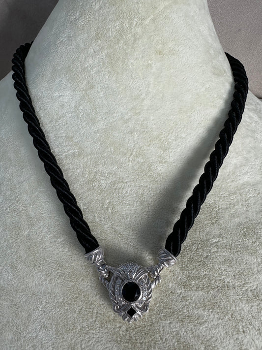 JUDITH RIPKA 925 Sterling Silver CZ Onyx Pendant Black Cord Necklace - 20"