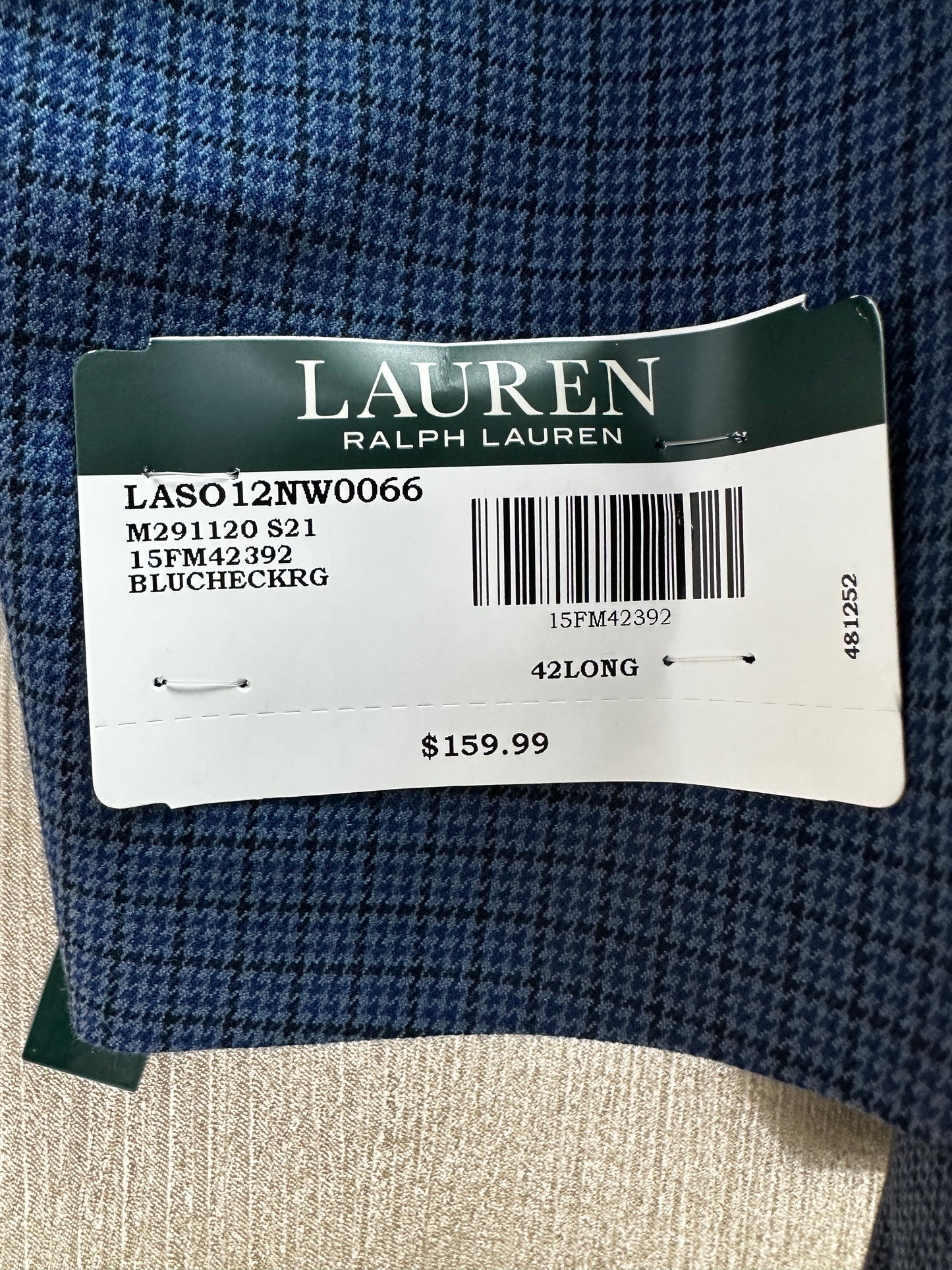 NWT - LAUREN RALPH LAUREN blue check Ultraflex Stretch Suit Jacket Blazer - 42L