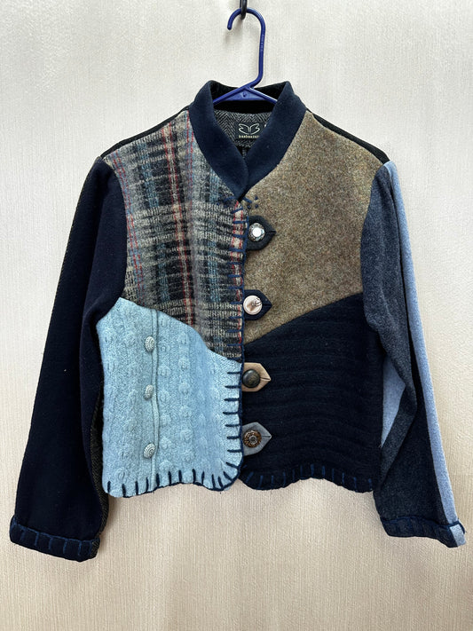 BAABAAZUZU blue brown Wool Upcycled Sweater Mandarin Patchwork Jacket - M | 6-8