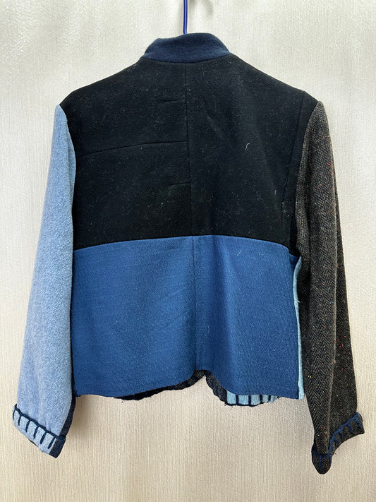 BAABAAZUZU blue brown Wool Upcycled Sweater Mandarin Patchwork Jacket - M | 6-8