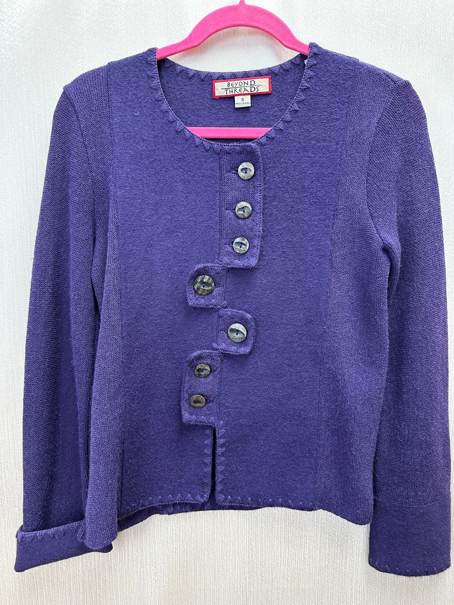 BEYOND THREADS purple Alpaca Wool Blend Artsy Buttons Peru Cardigan Sweater - S