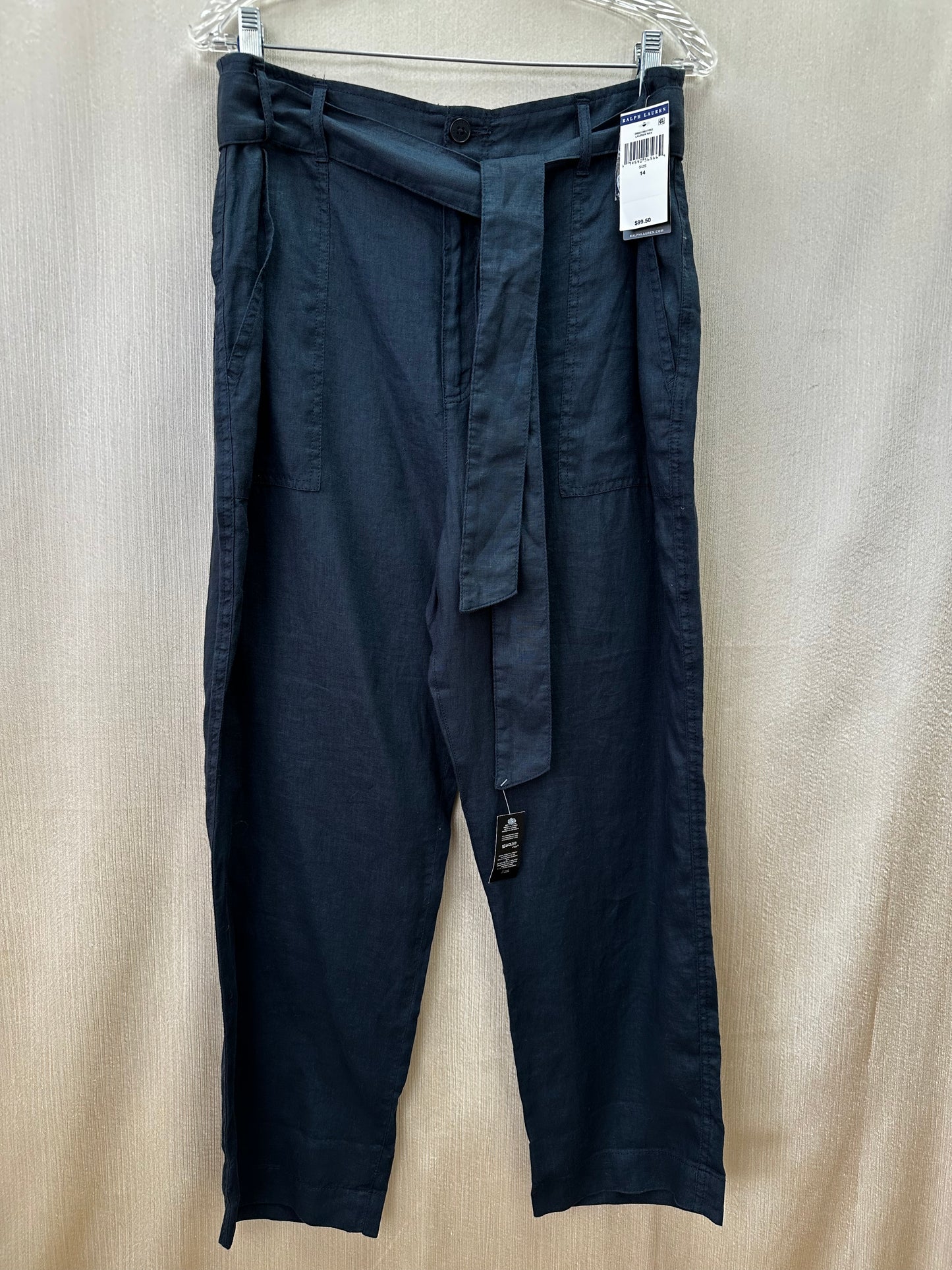 NWT - LAUREN RALPH LAUREN navy blue Linen Belted Seam Front Pants - 14