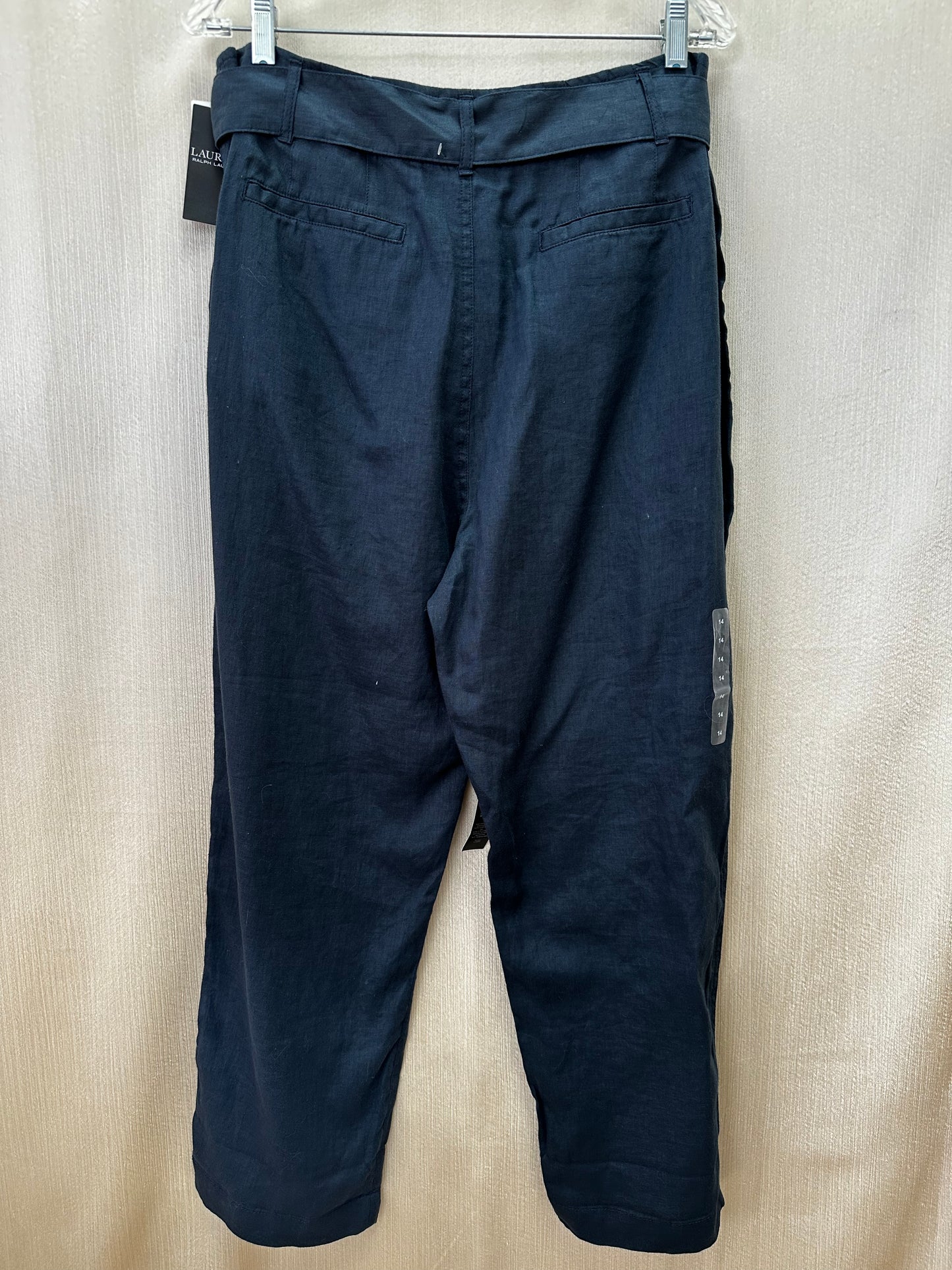 NWT - LAUREN RALPH LAUREN navy blue Linen Belted Seam Front Pants - 14